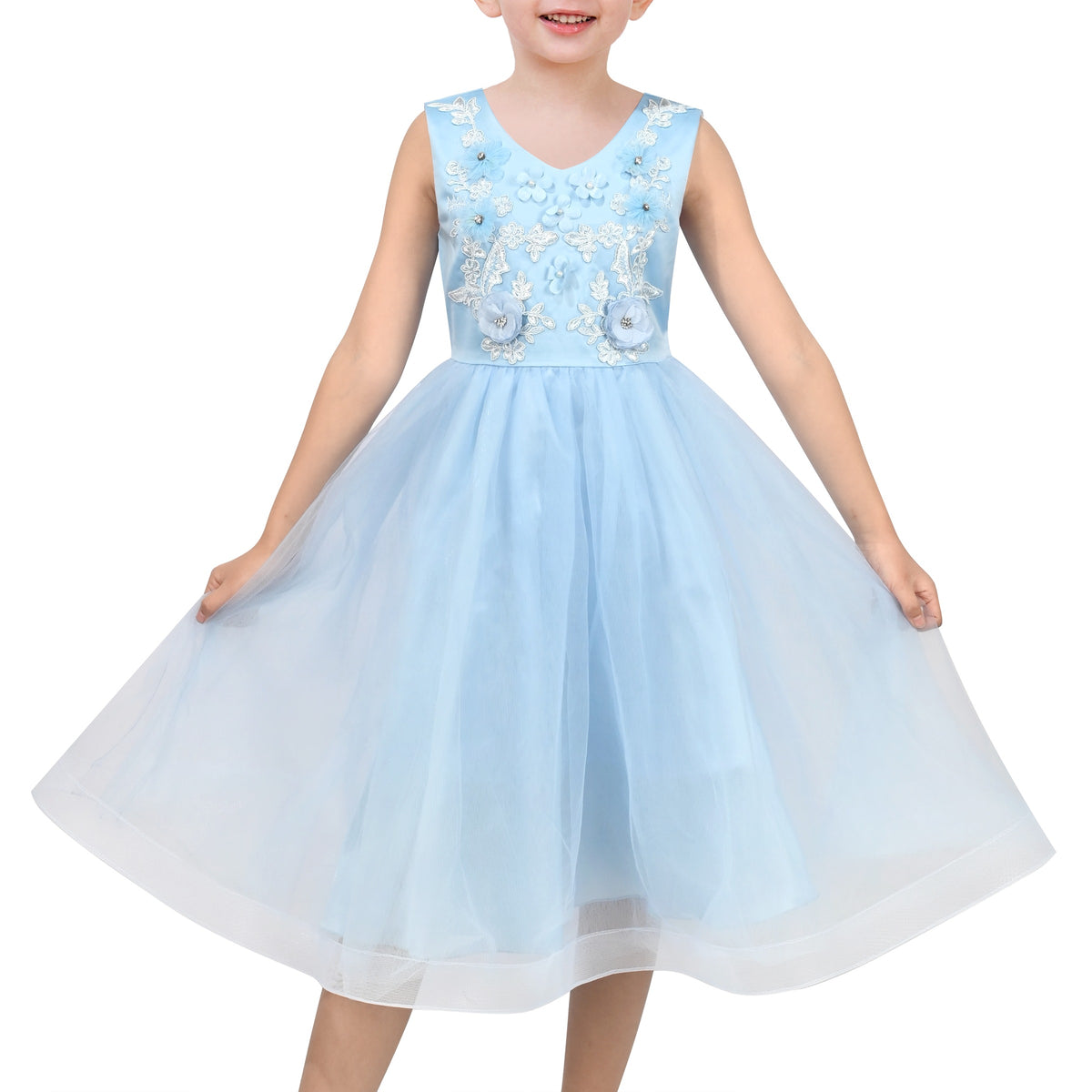 3 Layers Girls Dress Pink Flower Wave Pageant Wedding Kids Clothing - Blue Decorative Floral