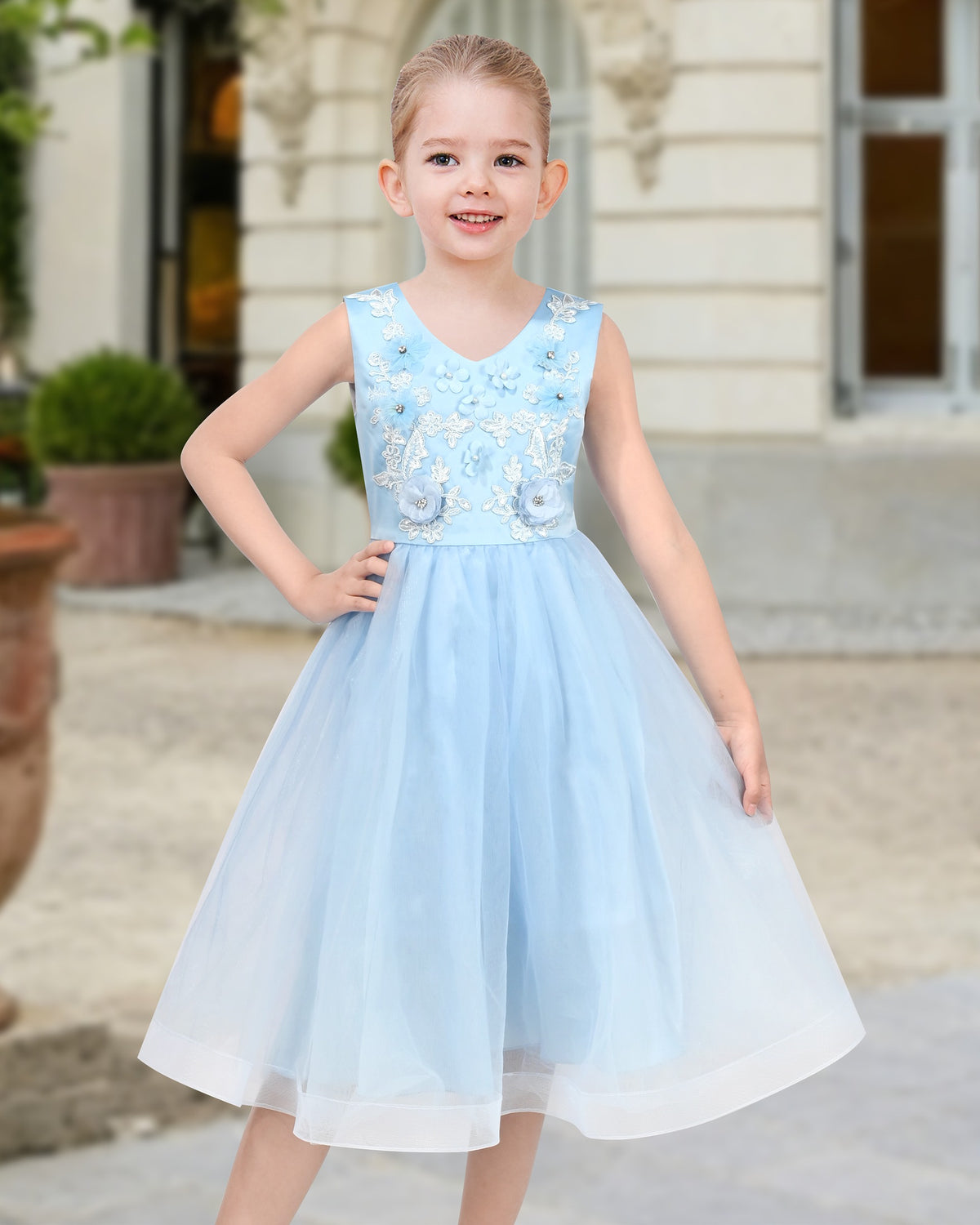 3 Layers Girls Dress Pink Flower Wave Pageant Wedding Kids Clothing - Blue Decorative Floral