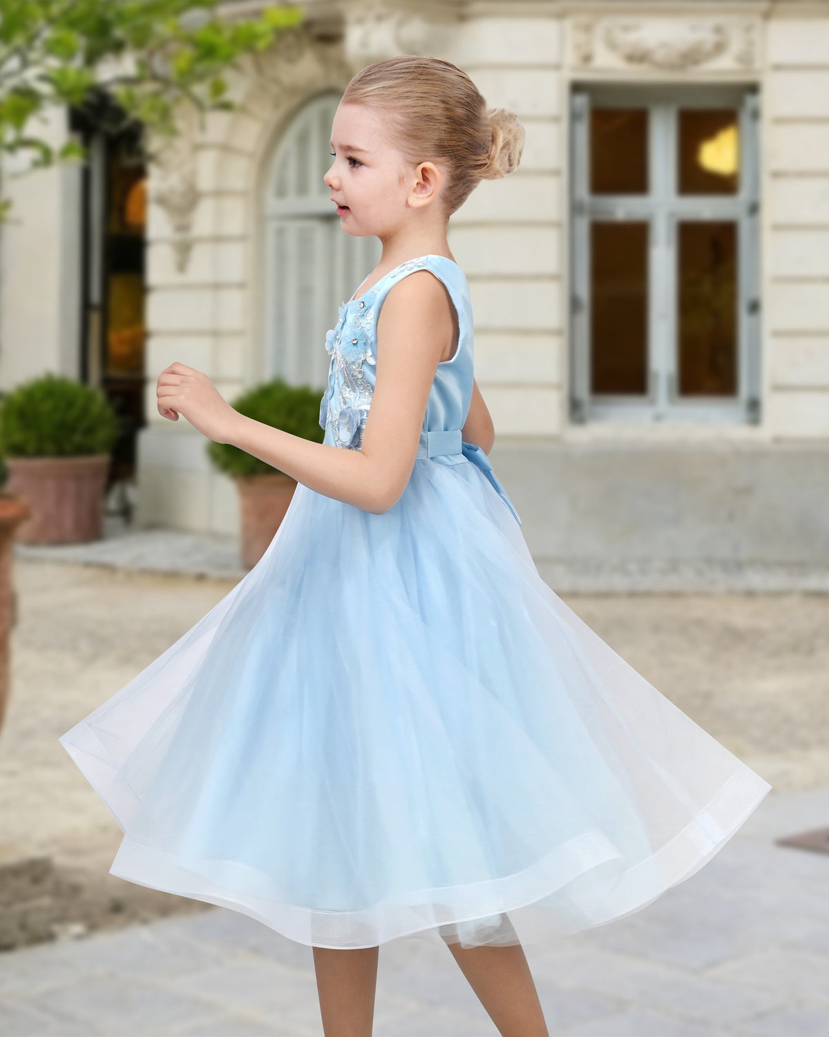 3 Layers Girls Dress Pink Flower Wave Pageant Wedding Kids Clothing - Blue Decorative Floral