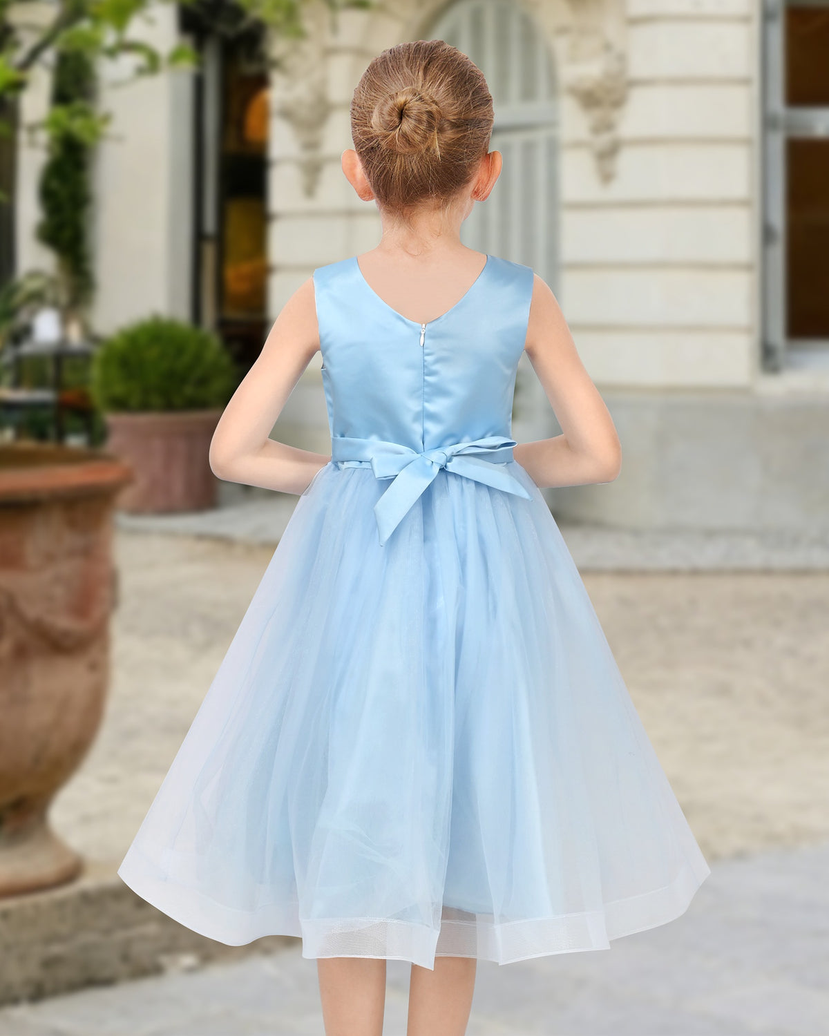3 Layers Girls Dress Pink Flower Wave Pageant Wedding Kids Clothing - Blue Decorative Floral