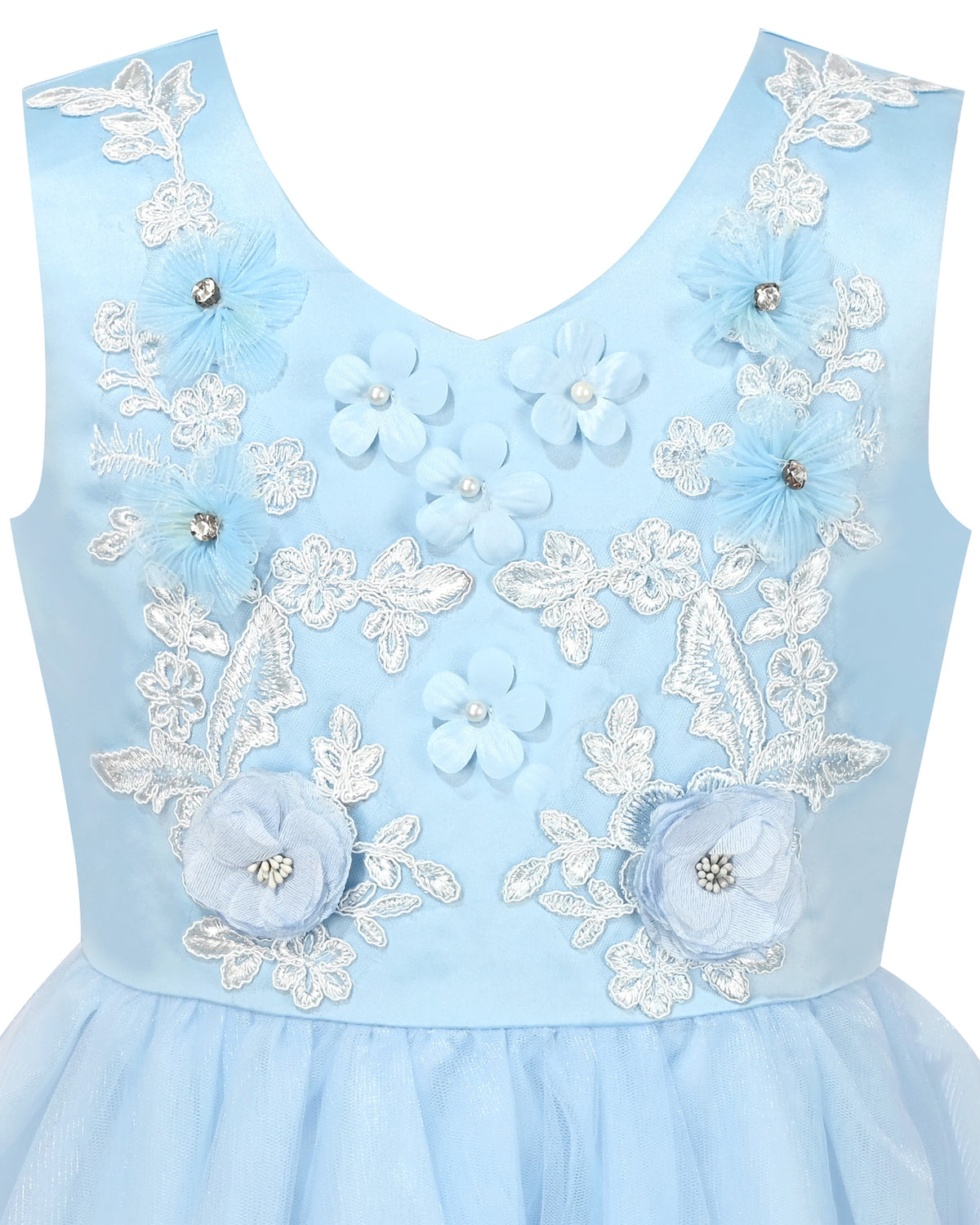 3 Layers Girls Dress Pink Flower Wave Pageant Wedding Kids Clothing - Blue Decorative Floral