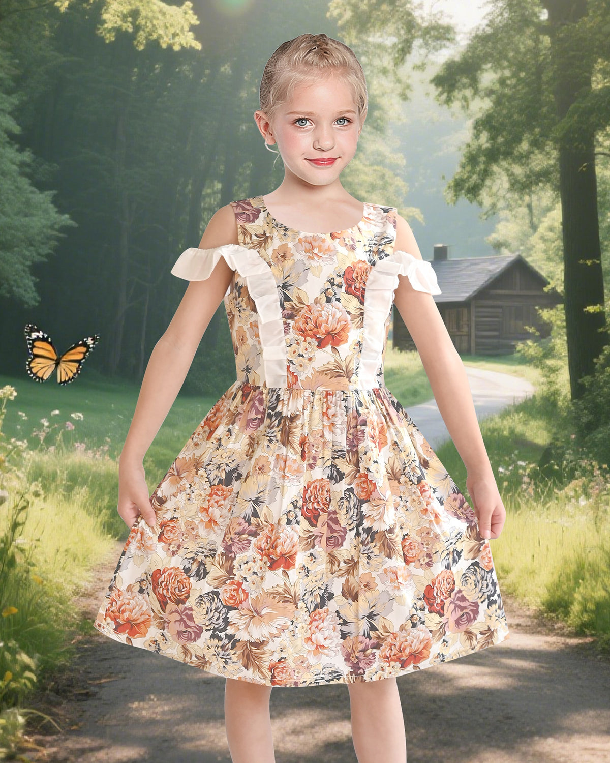 Girls Dress Purple Hydrangea Flower Cold Shoulder Party Princess - Floral White Ruffle