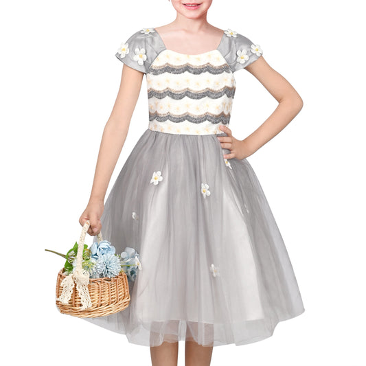 Flower Girls Dress Short Sleeve Applique Embroidery Wedding Party Pageant Dresses Gray