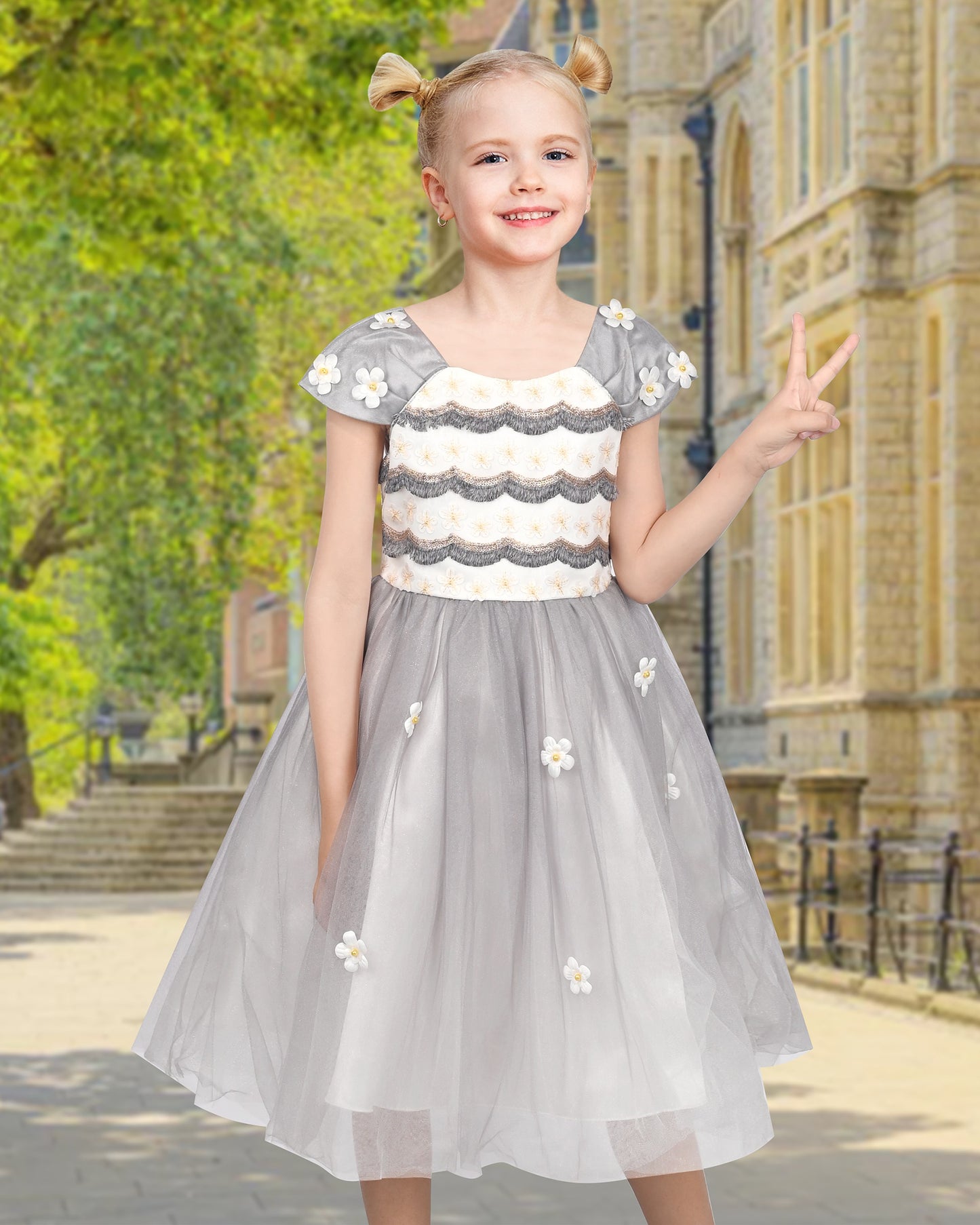 Flower Girls Dress Short Sleeve Applique Embroidery Wedding Party Pageant Dresses Gray