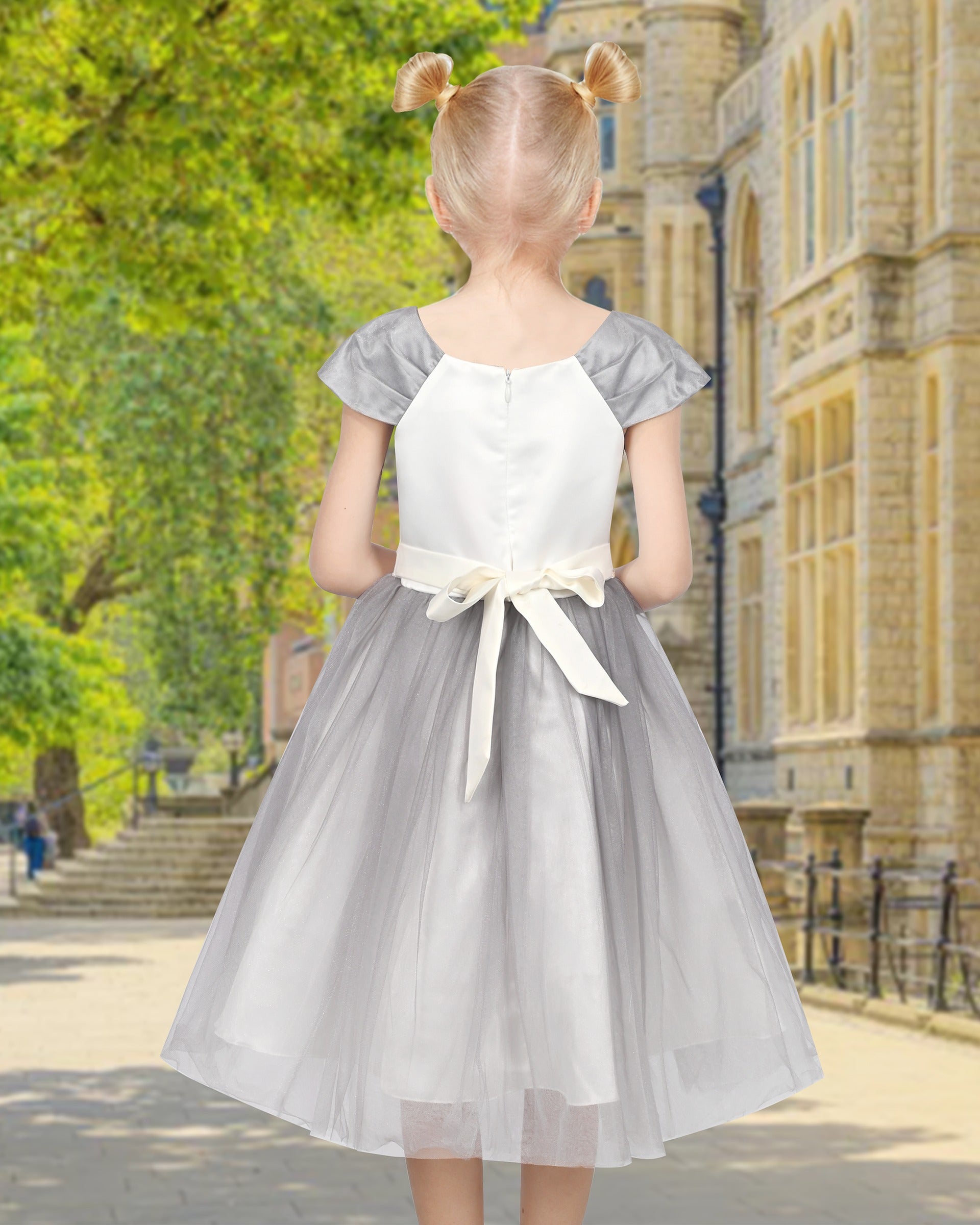 Flower Girls Dress Short Sleeve Applique Embroidery Wedding Party Pageant Dresses Gray