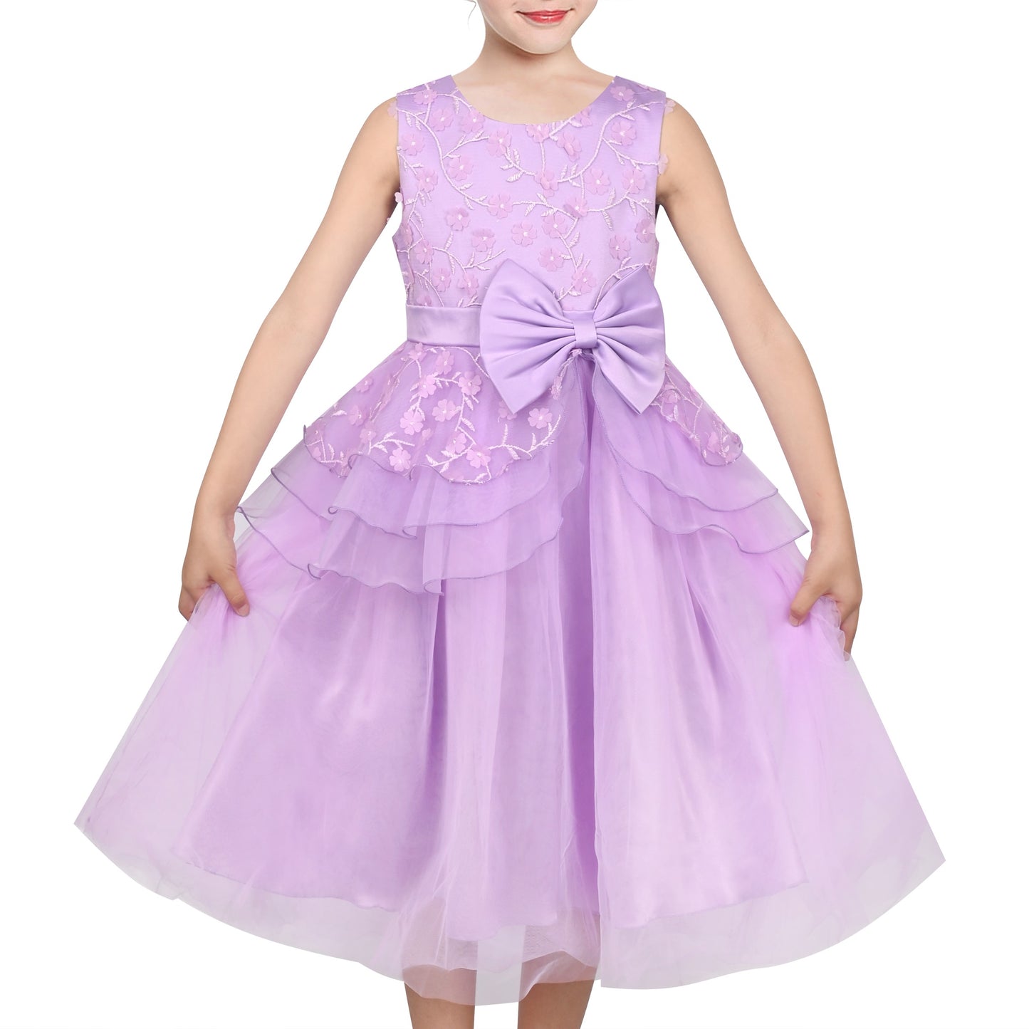 Girls Flower Applique Dress White and Blue Sleeveless Tea Length with Tulle Skirt Party Wedding Flower Girl Dress Purple