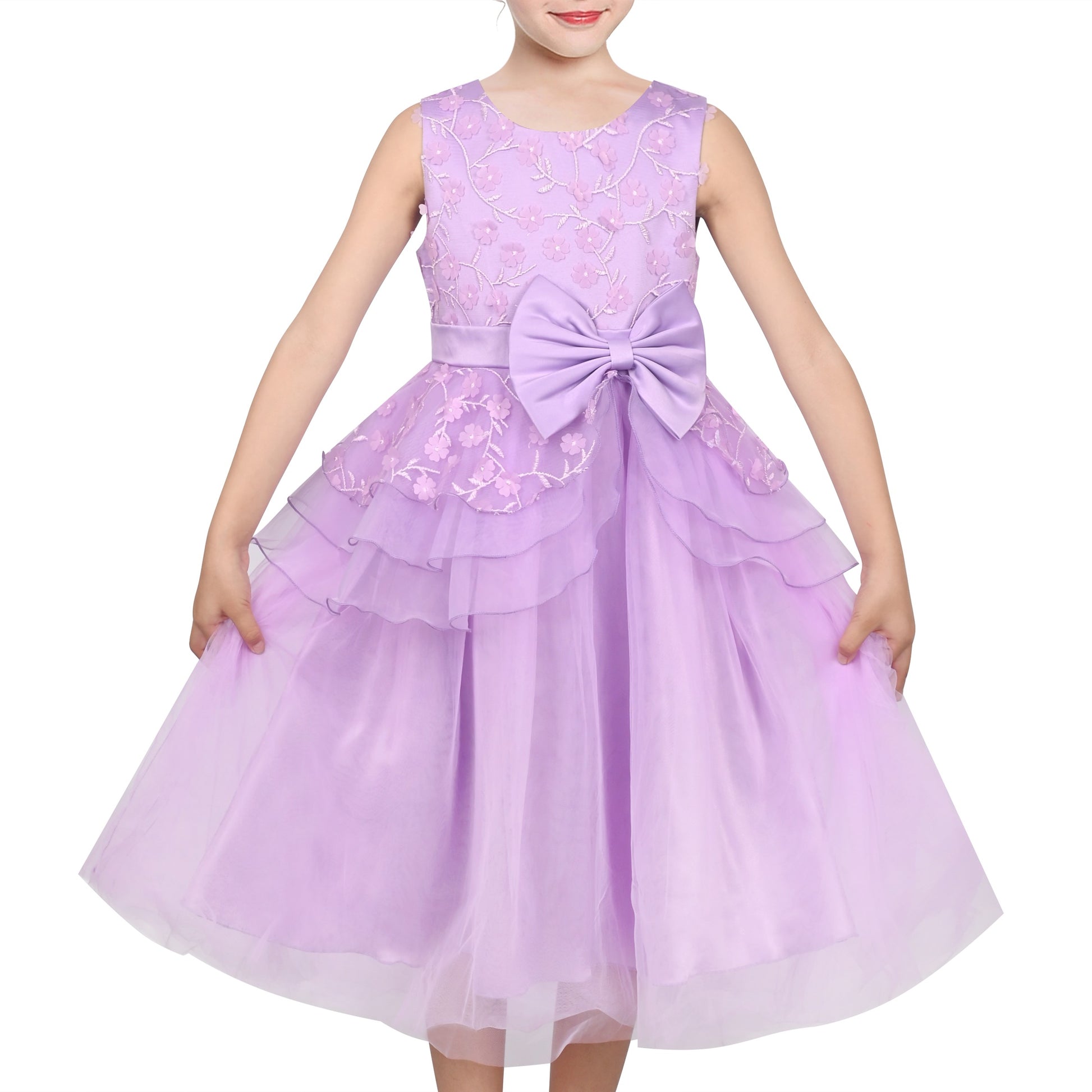 Girls Flower Applique Dress White and Blue Sleeveless Tea Length with Tulle Skirt Party Wedding Flower Girl Dress Purple
