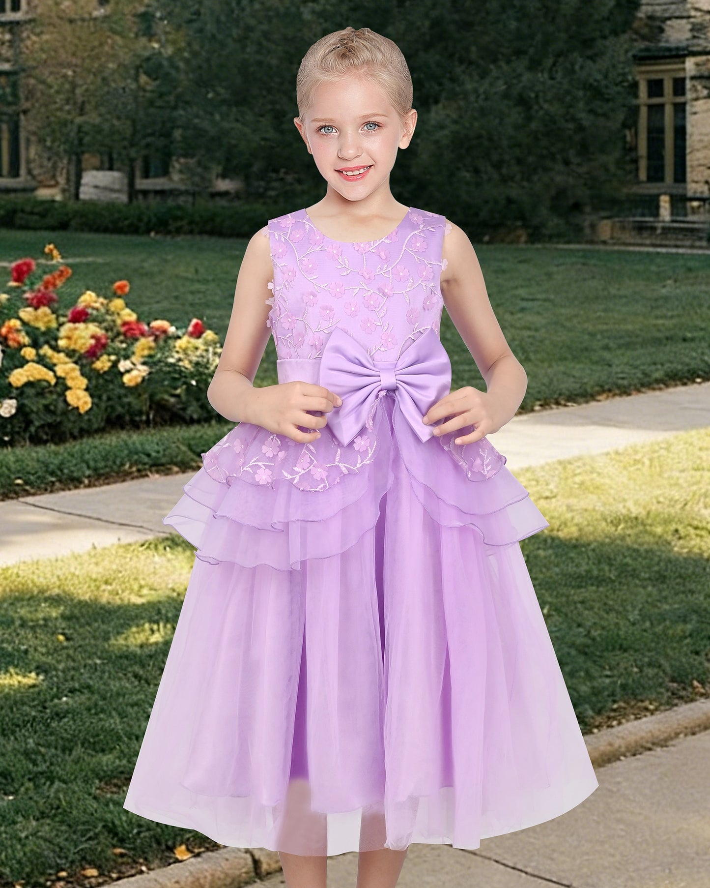 Girls Flower Applique Dress White and Blue Sleeveless Tea Length with Tulle Skirt Party Wedding Flower Girl Dress Purple