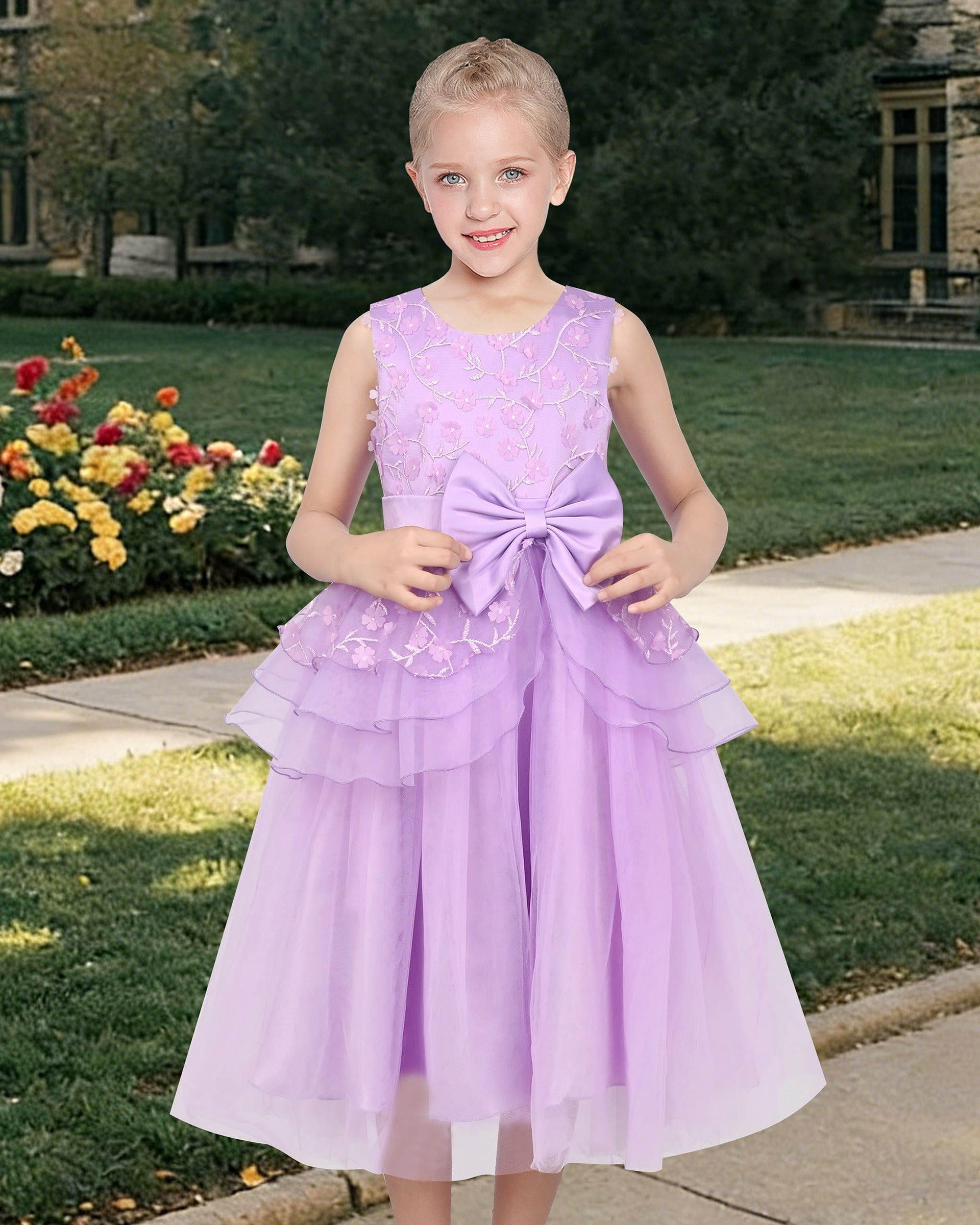 Girls Flower Applique Dress White and Blue Sleeveless Tea Length with Tulle Skirt Party Wedding Flower Girl Dress Purple
