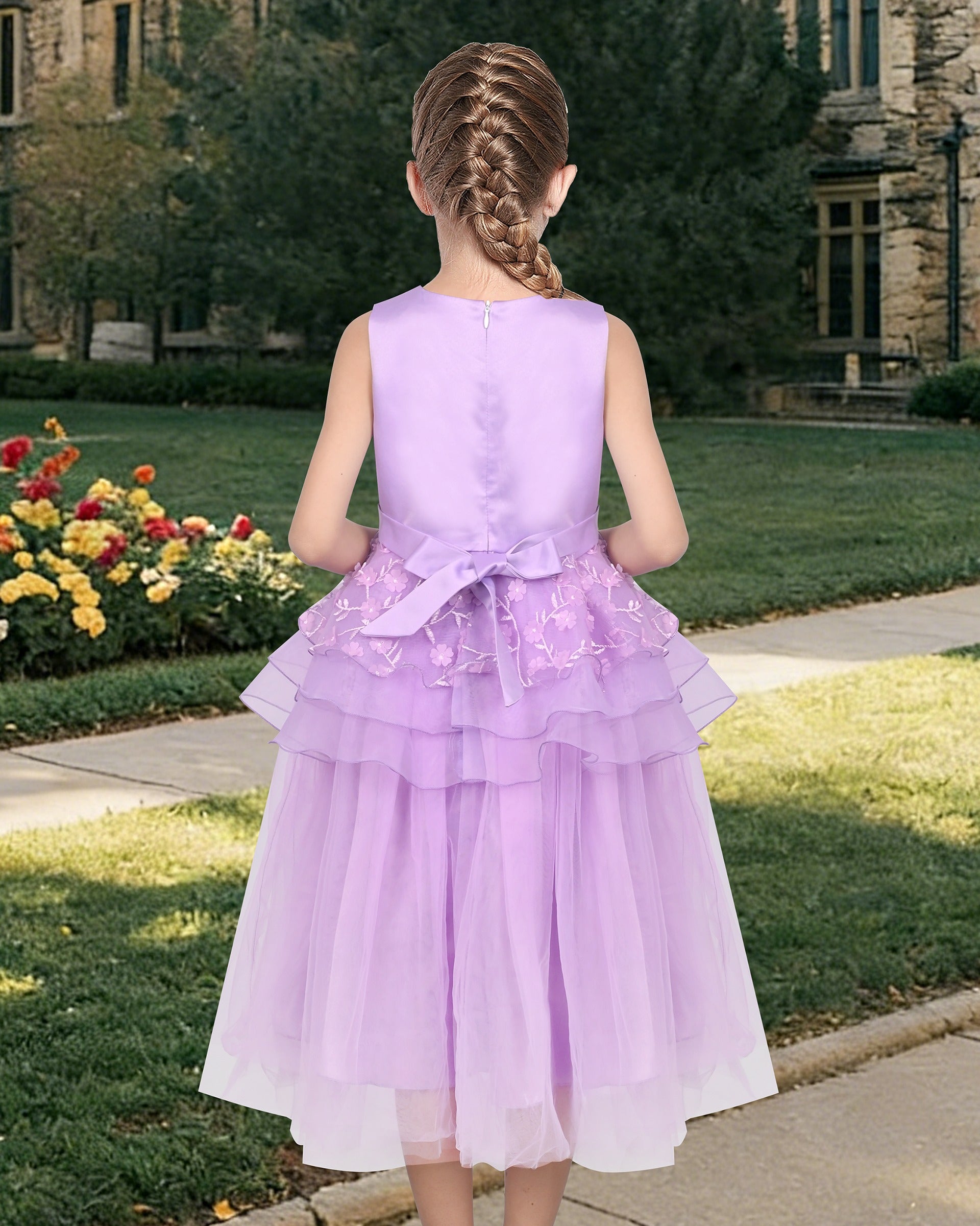 Girls Flower Applique Dress White and Blue Sleeveless Tea Length with Tulle Skirt Party Wedding Flower Girl Dress Purple