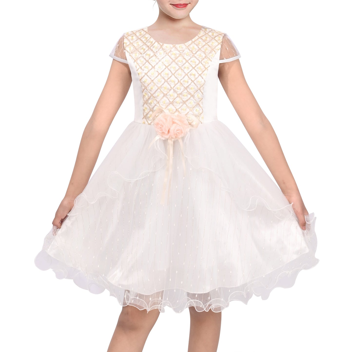 Flower Girl Dresses Sweet Pink Party Bow Tulle Princess Party Lace Cap Sleeve Wedding Easter White