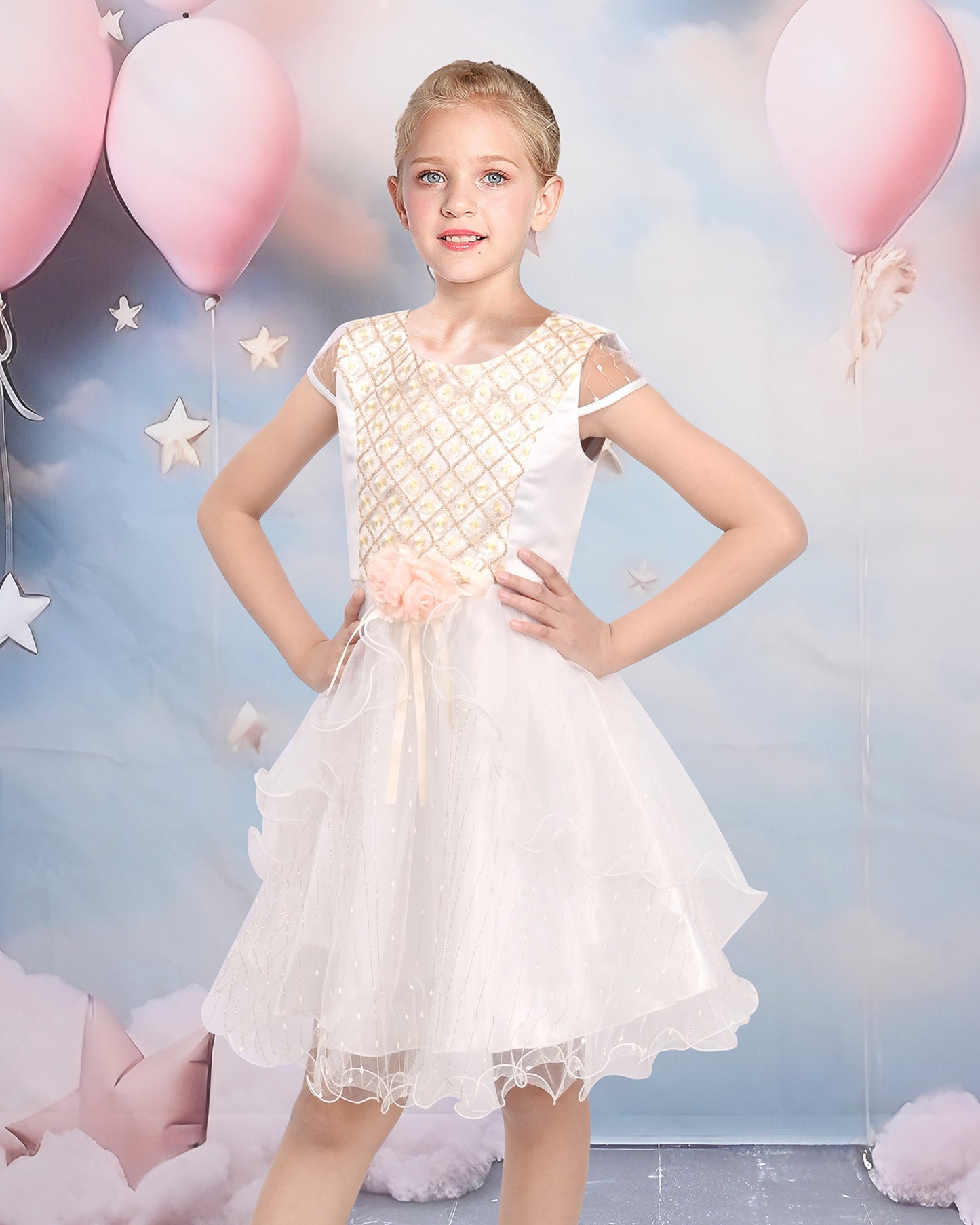 Flower Girl Dresses Sweet Pink Party Bow Tulle Princess Party Lace Cap Sleeve Wedding Easter White