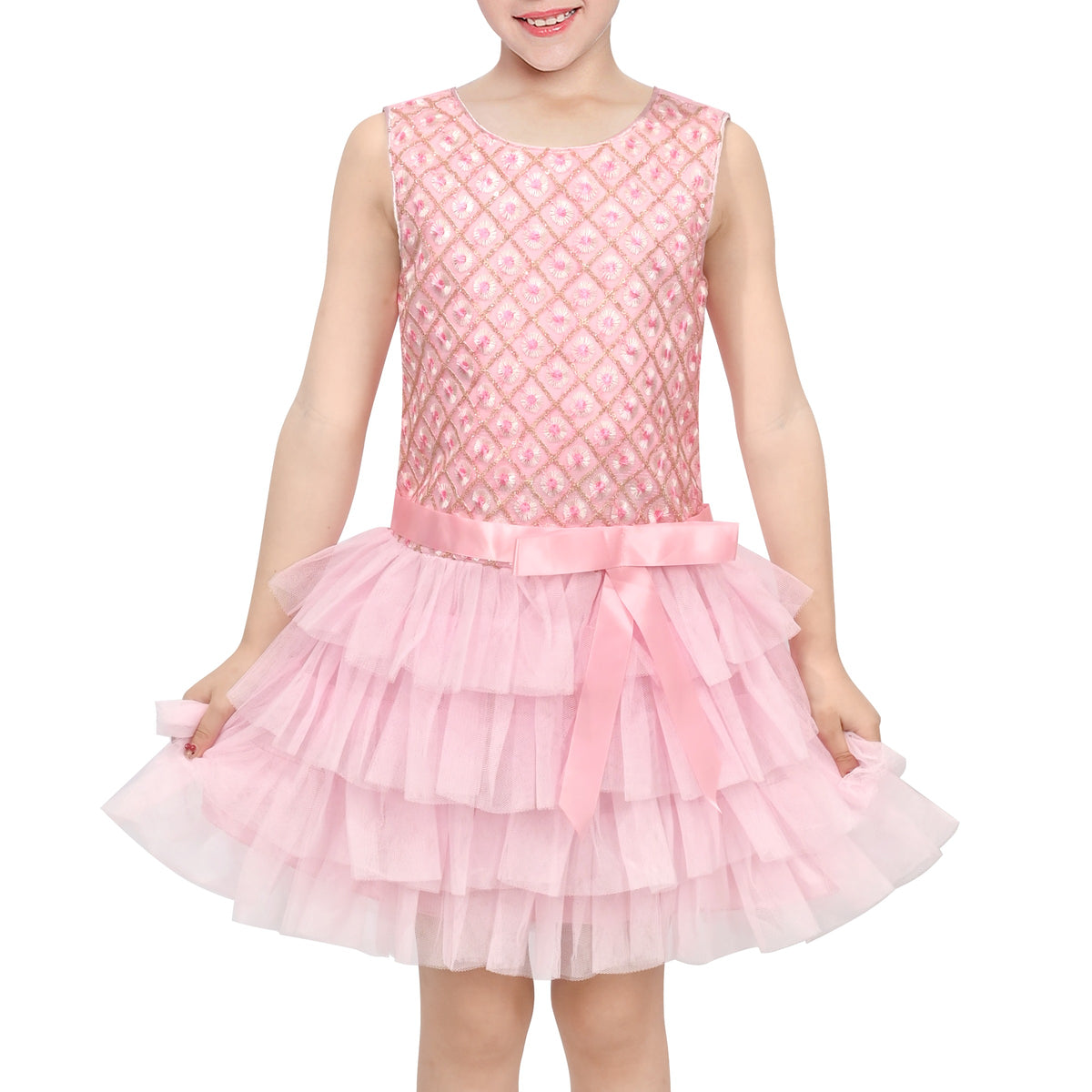 Girls Dress Colorful Glitter Sequin Ruffle Dress Princess Pageant - Pink Gingham Tulle