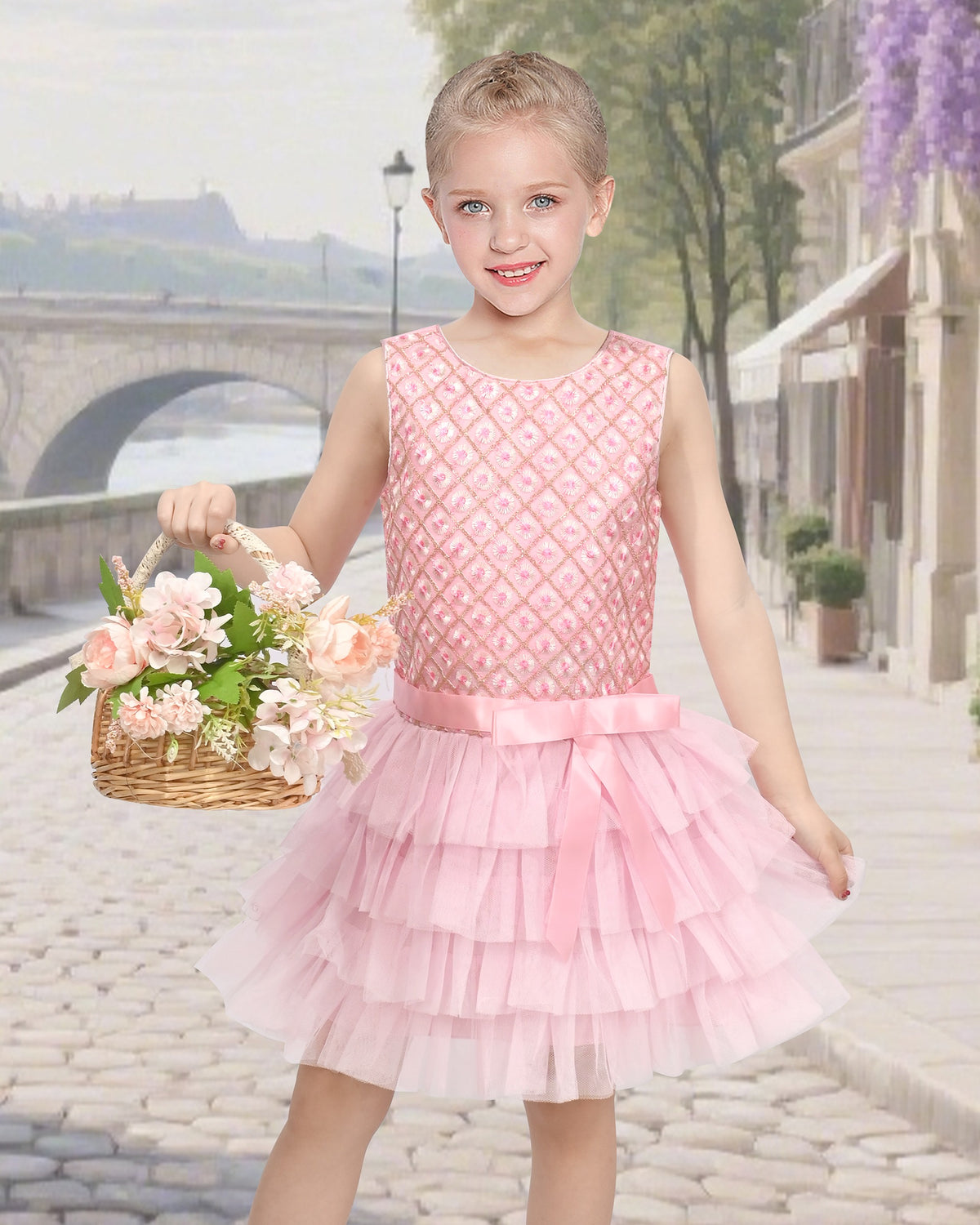 Girls Dress Colorful Glitter Sequin Ruffle Dress Princess Pageant - Pink Gingham Tulle