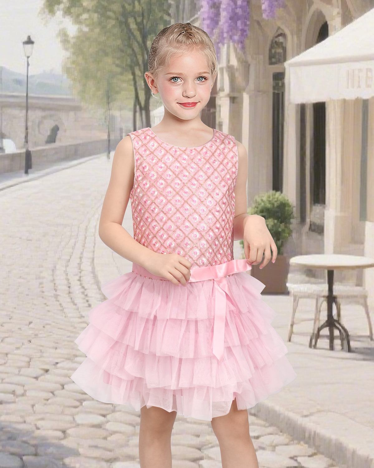 Girls Dress Colorful Glitter Sequin Ruffle Dress Princess Pageant - Pink Gingham Tulle