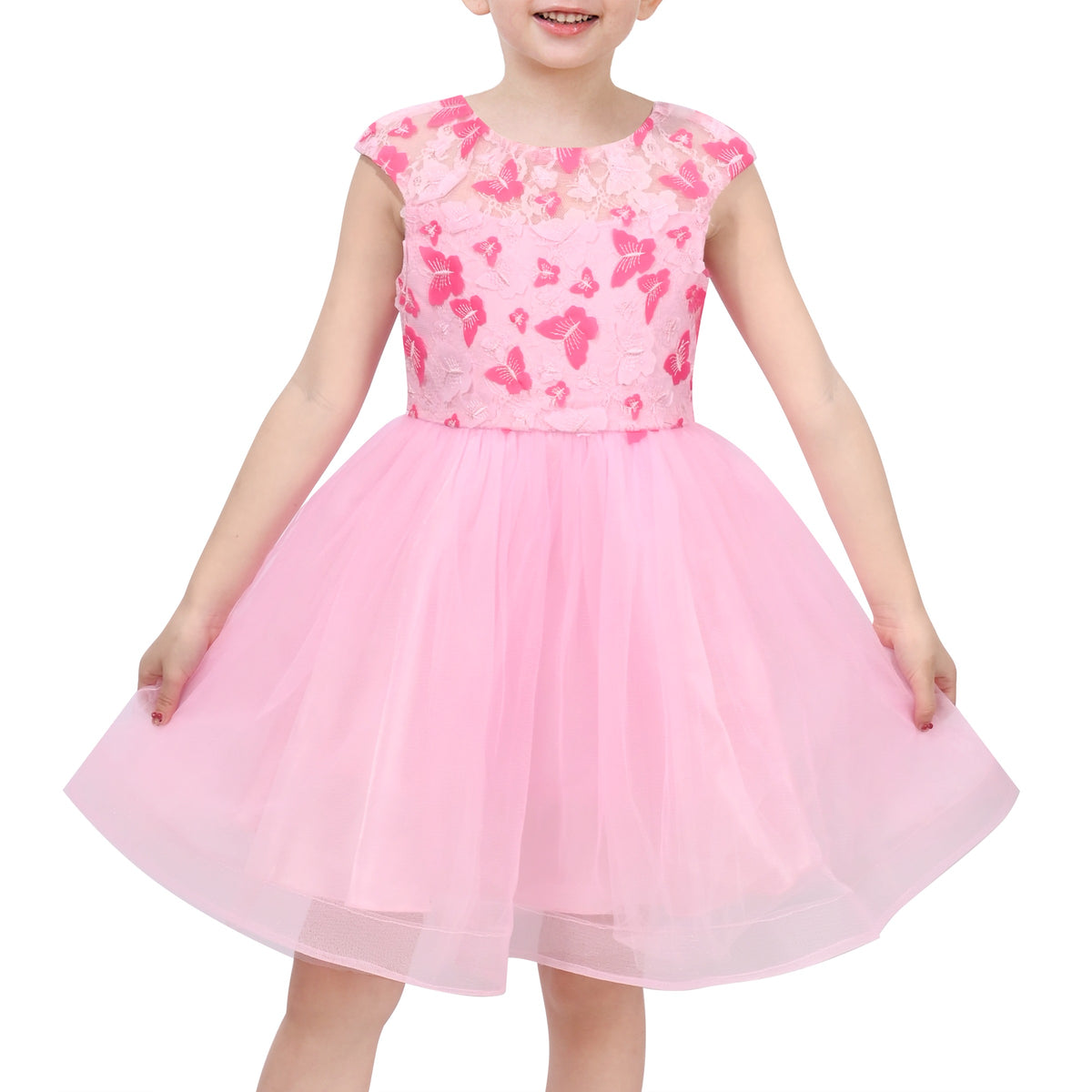 Girls Pink Floral Multilayer Ruffle Tulle Sleeveless Sequin Princess - Pink Butterfly Lace