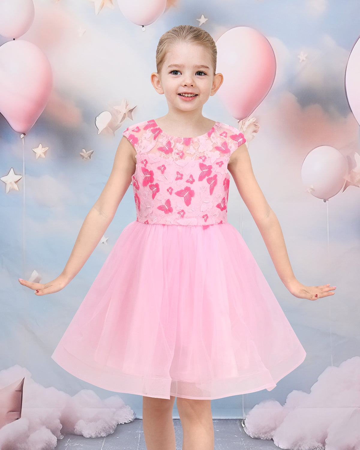 Girls Pink Floral Multilayer Ruffle Tulle Sleeveless Sequin Princess - Pink Butterfly Lace