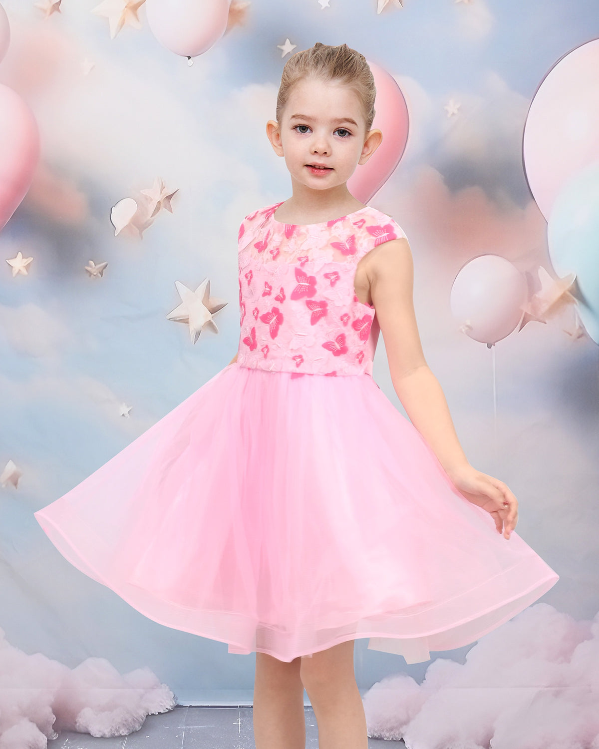 Girls Pink Floral Multilayer Ruffle Tulle Sleeveless Sequin Princess - Pink Butterfly Lace