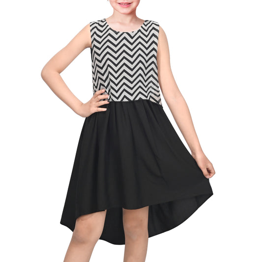 Girls Sleeveless Chiffon Dress Colorful Pencil Print with Yellow Tassel Belt Summer Casual Dresses Black