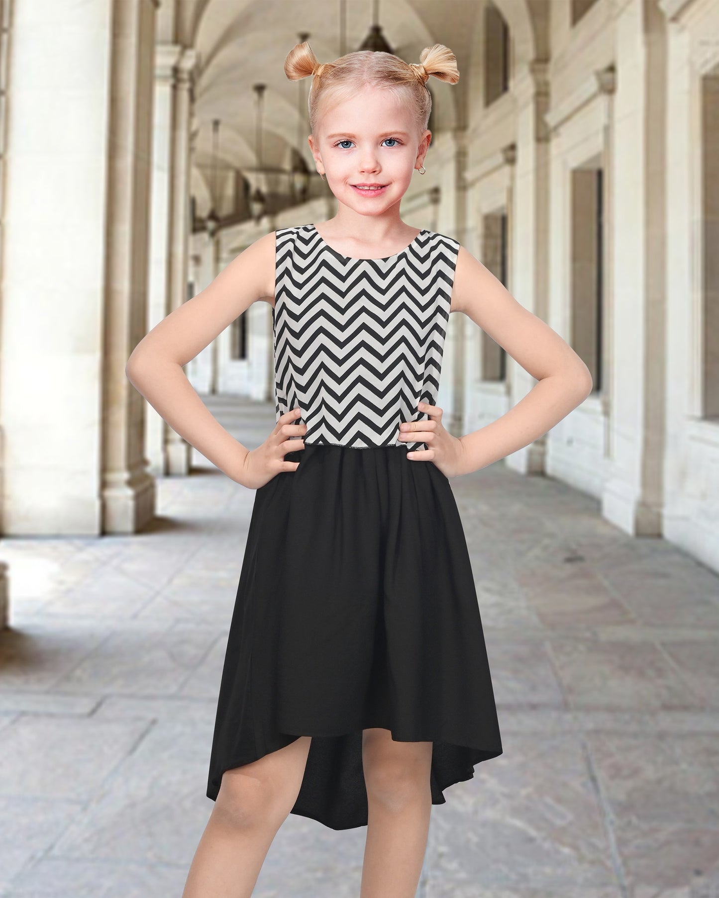 Girls Sleeveless Chiffon Dress Colorful Pencil Print with Yellow Tassel Belt Summer Casual Dresses Black