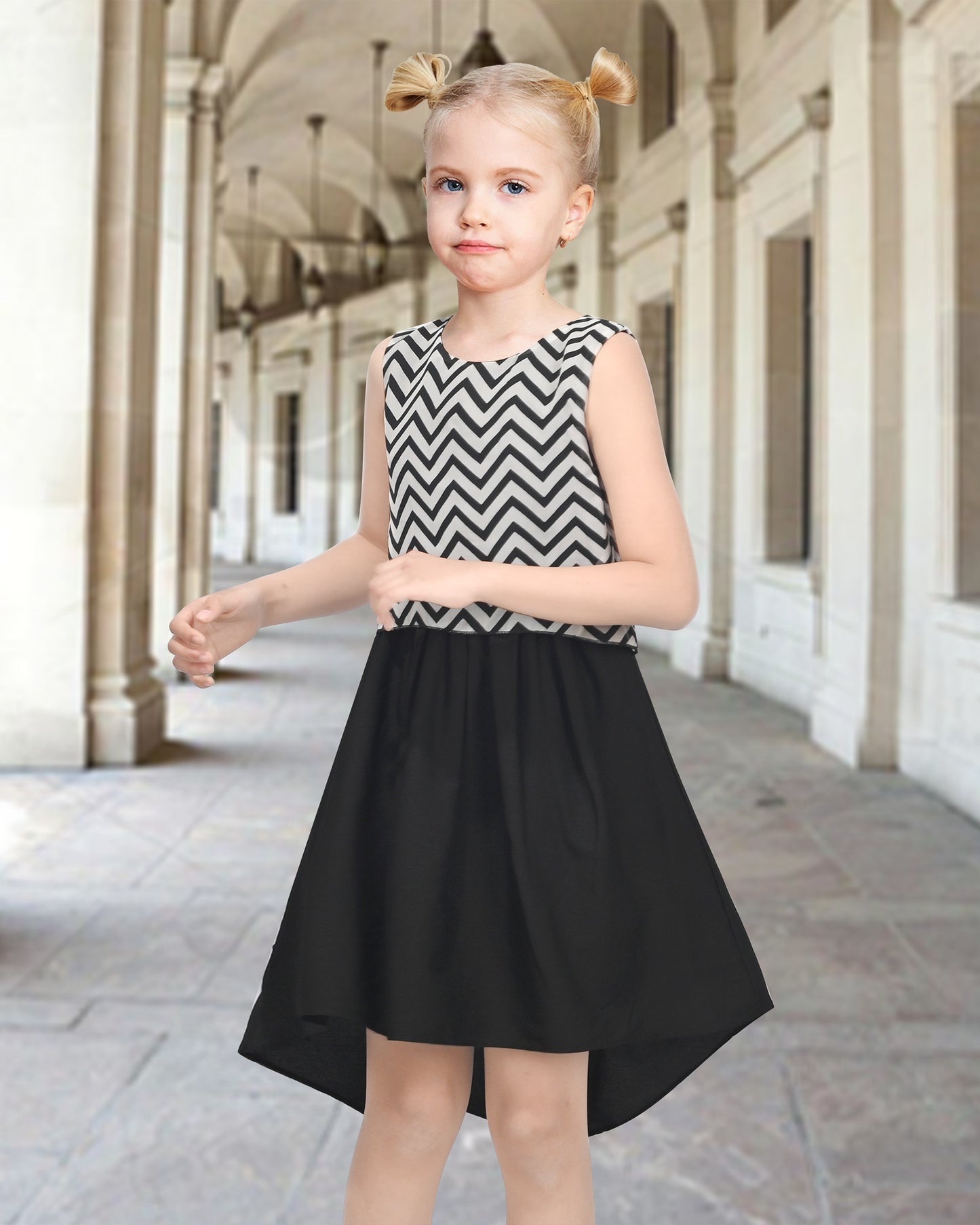 Girls Sleeveless Chiffon Dress Colorful Pencil Print with Yellow Tassel Belt Summer Casual Dresses Black