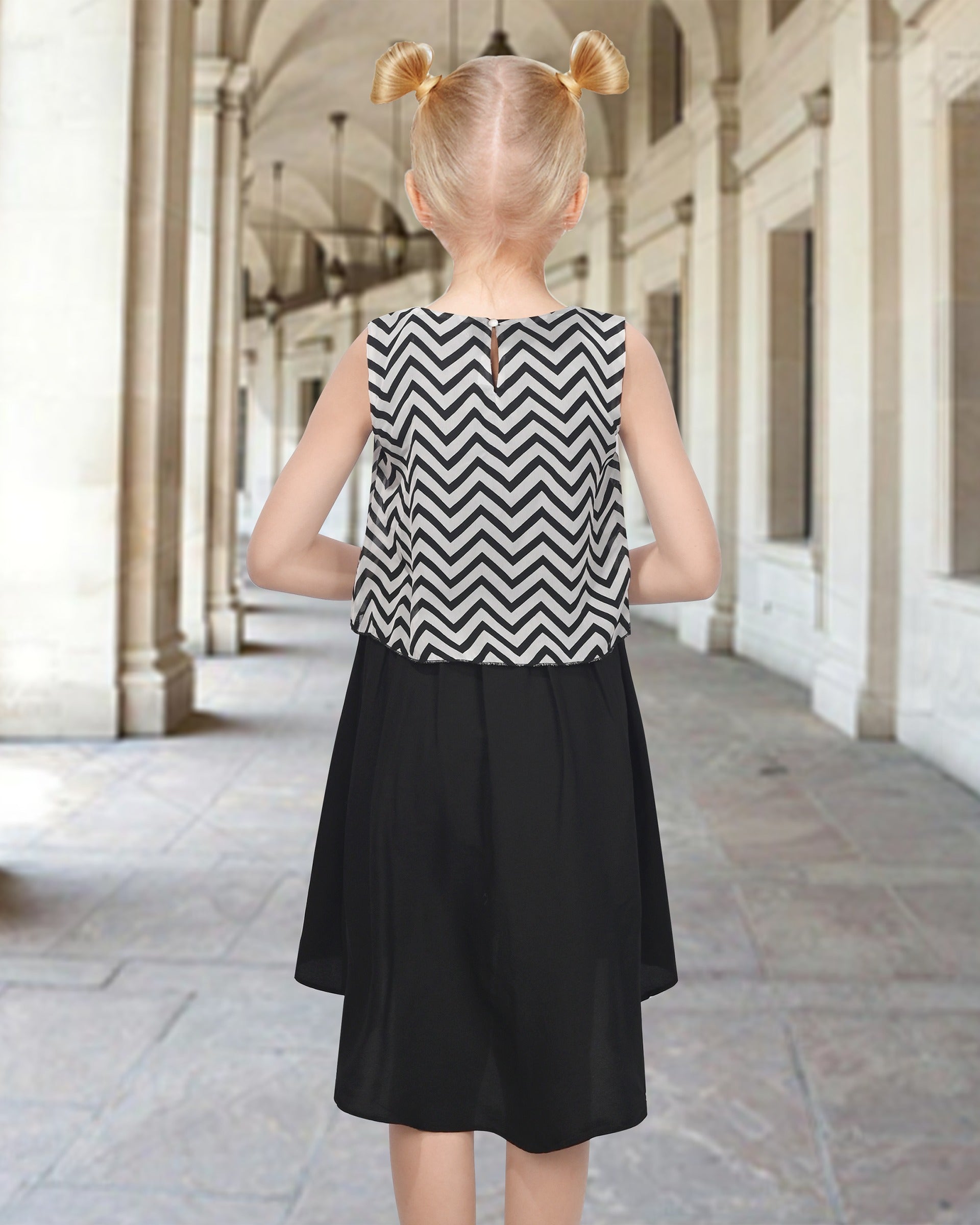 Girls Sleeveless Chiffon Dress Colorful Pencil Print with Yellow Tassel Belt Summer Casual Dresses Black