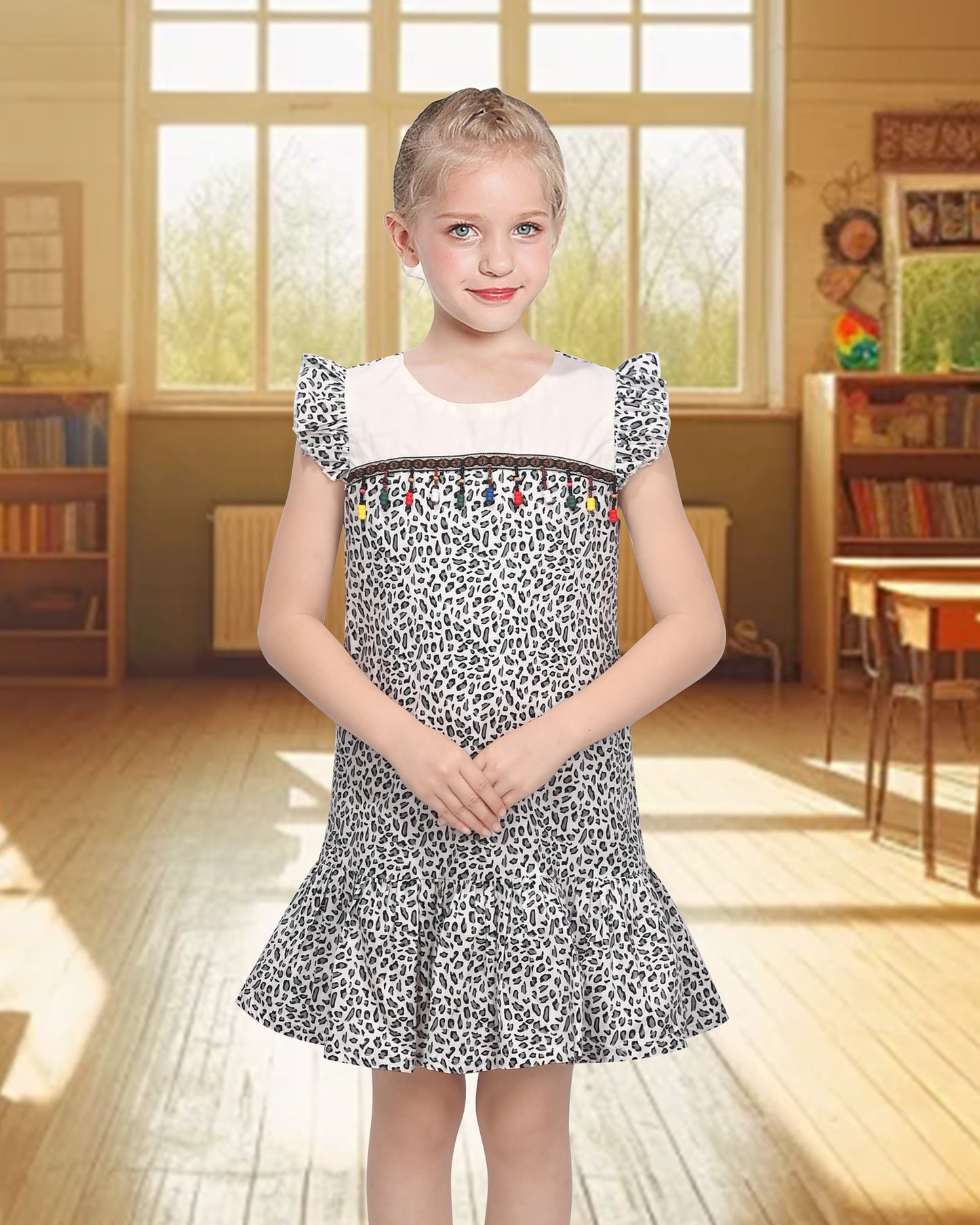 Girls Dress Rainbow Multicolor Bunny Embroidery Easter Button Back Chevron Spring Casual Gray