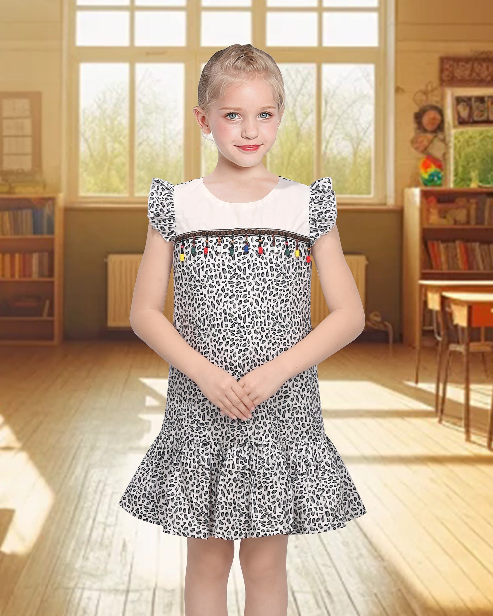 Girls Dress Rainbow Multicolor Bunny Embroidery Easter Button Back Chevron Spring Casual Gray