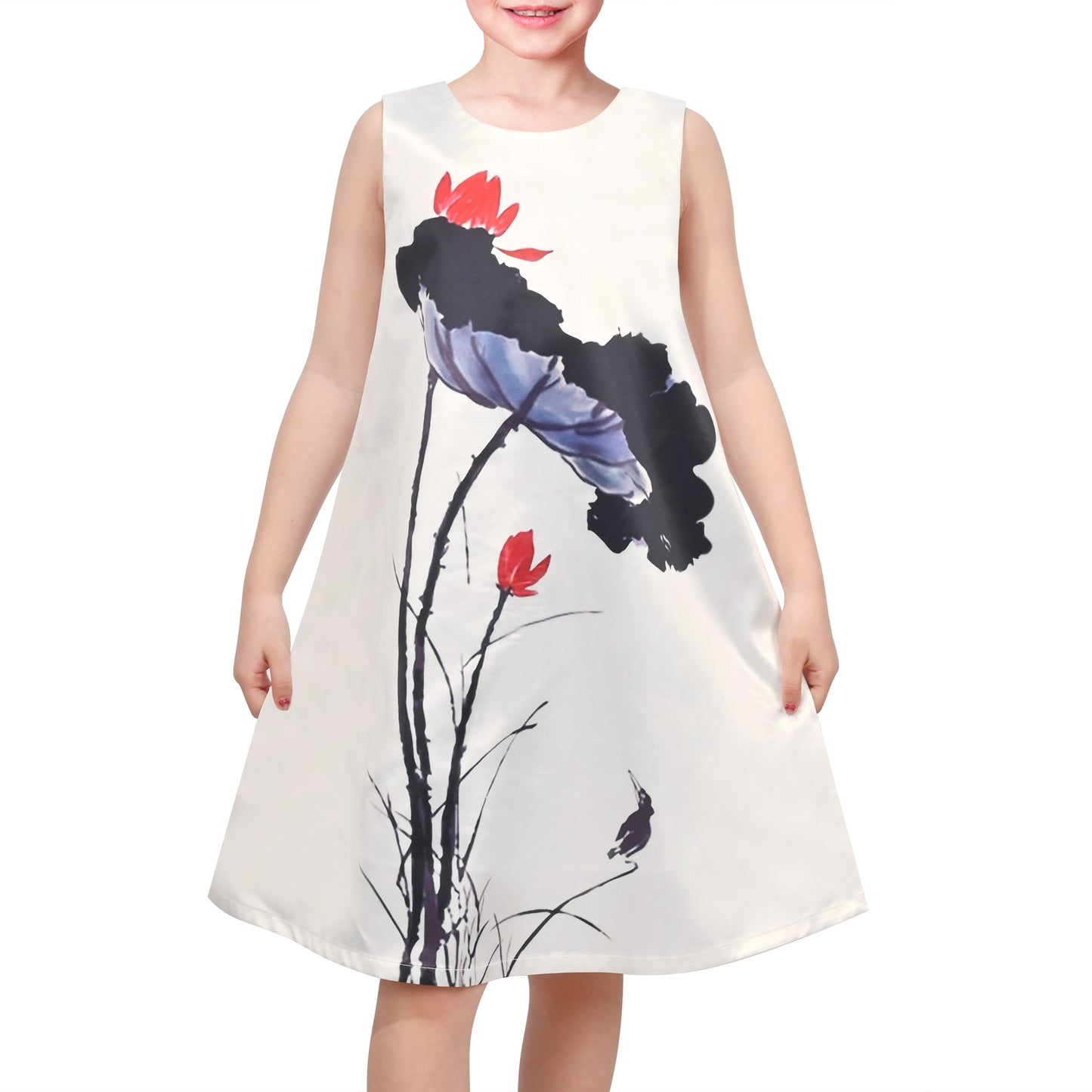 Girls Sleeveless A-Line Dress Satin Colorful Floral Print Knee Length Casual Beach Party Summer Holiday White