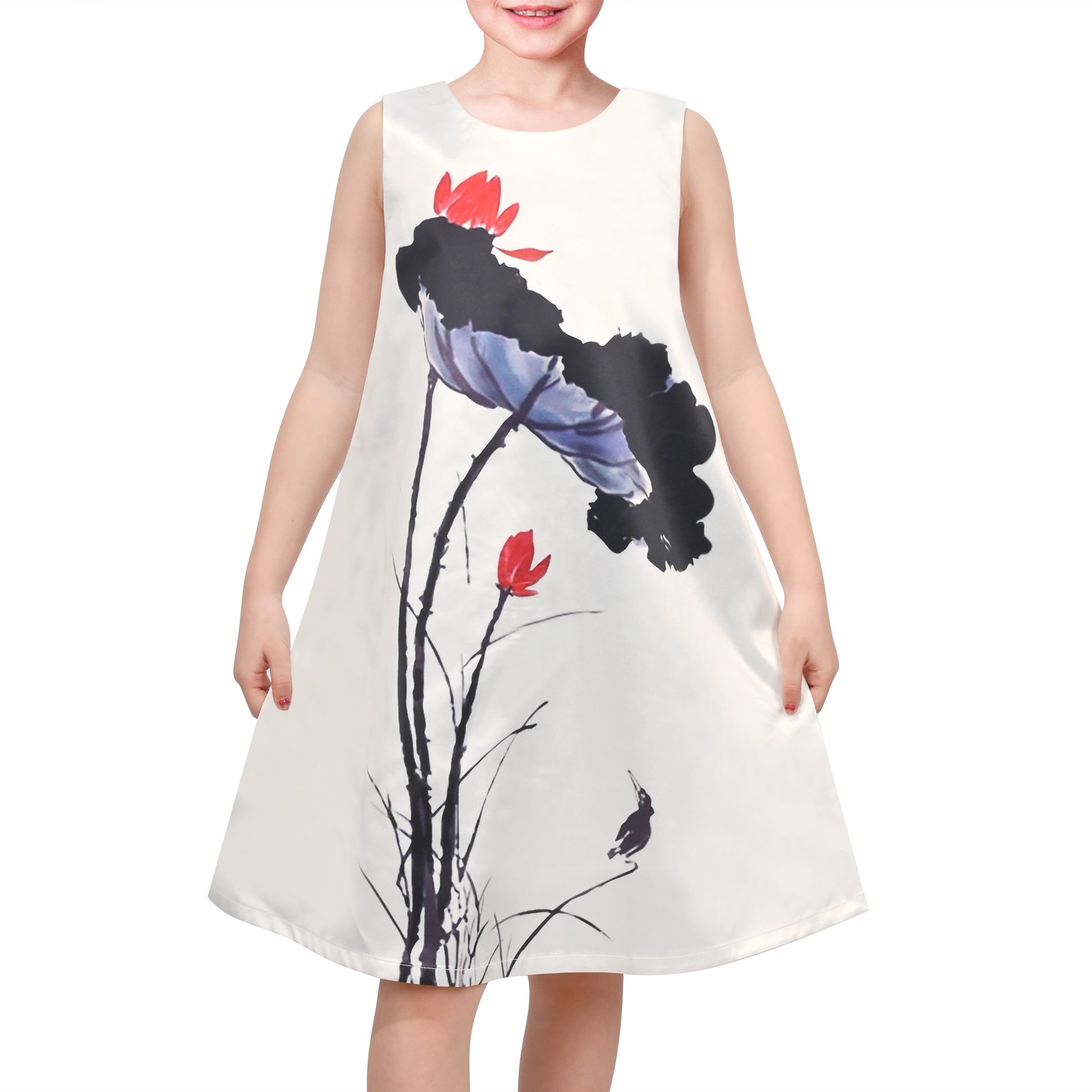 Girls Sleeveless A-Line Dress Satin Colorful Floral Print Knee Length Casual Beach Party Summer Holiday White