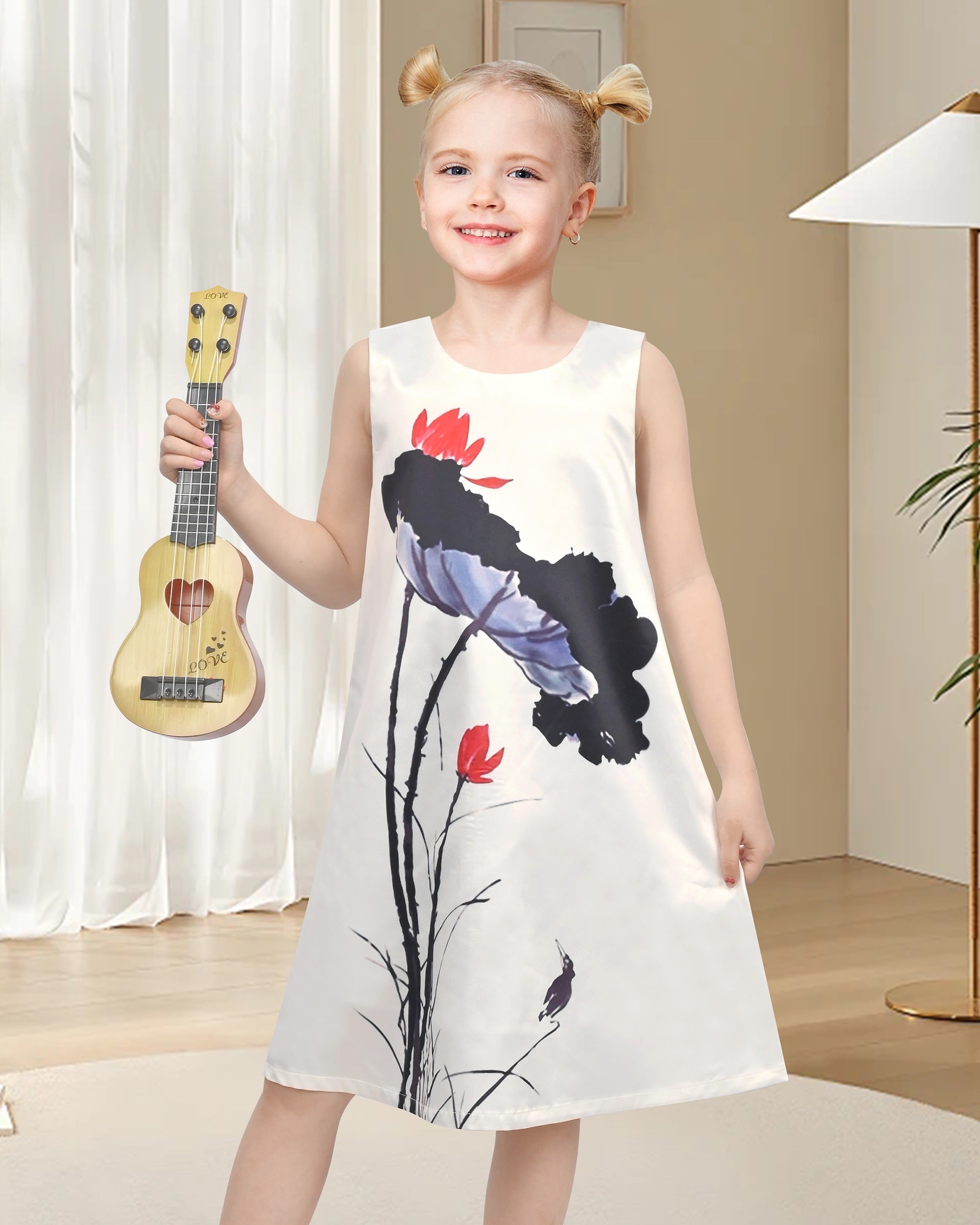 Girls Sleeveless A-Line Dress Satin Colorful Floral Print Knee Length Casual Beach Party Summer Holiday White