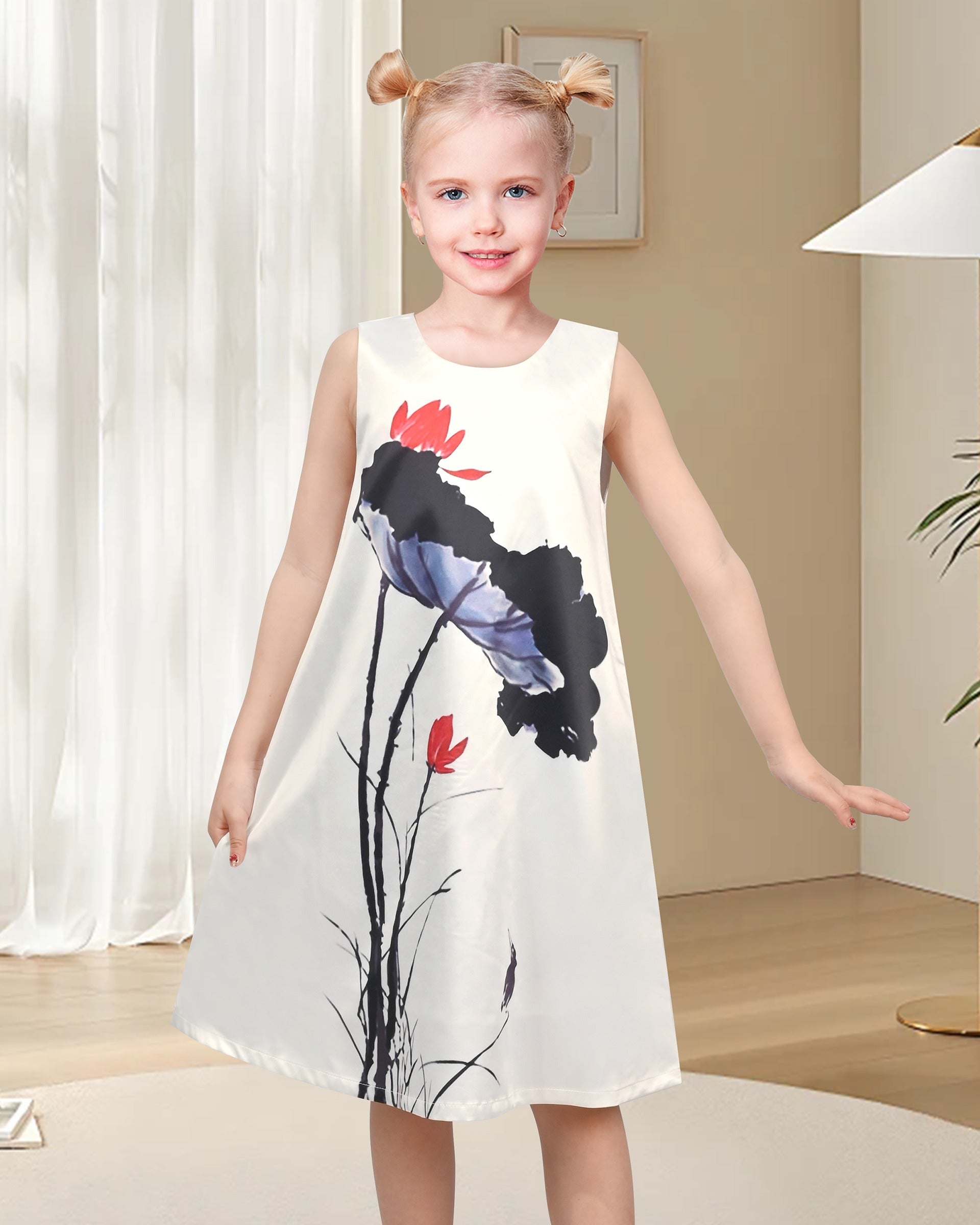 Girls Sleeveless A-Line Dress Satin Colorful Floral Print Knee Length Casual Beach Party Summer Holiday White