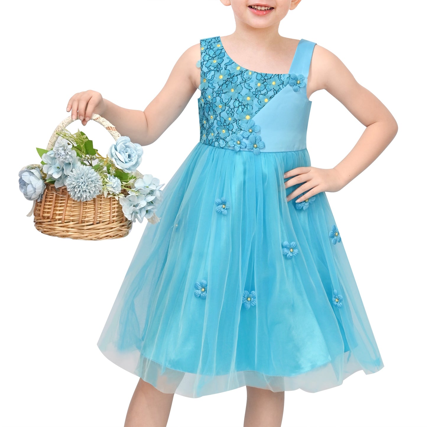 Flower Girl Dresses Sweet Pink Party Bow Tulle Princess Party Lace Cap Sleeve Wedding Easter Blue