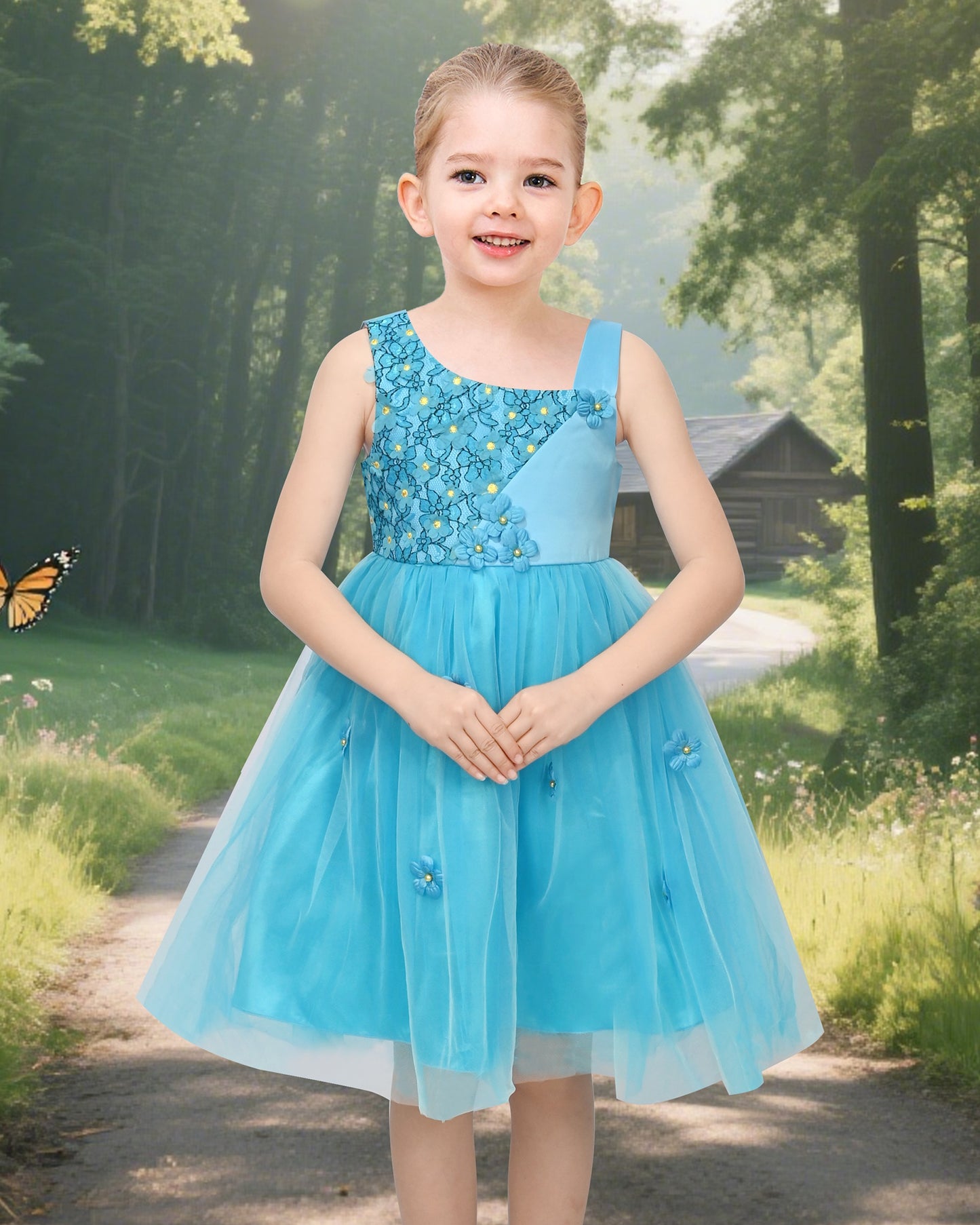Flower Girl Dresses Sweet Pink Party Bow Tulle Princess Party Lace Cap Sleeve Wedding Easter Blue