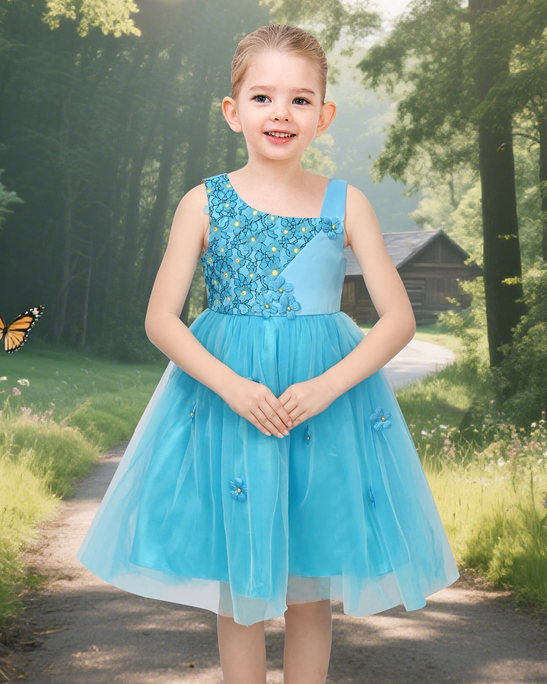 Flower Girl Dresses Sweet Pink Party Bow Tulle Princess Party Lace Cap Sleeve Wedding Easter Blue