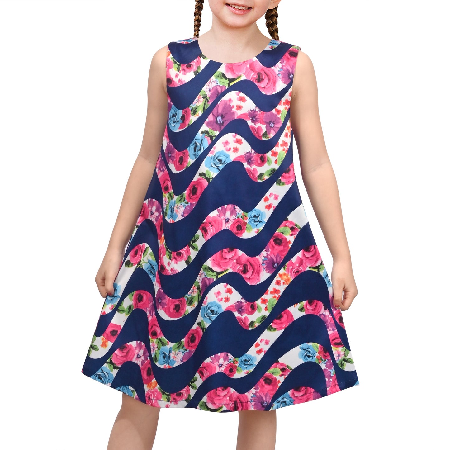Girls Sleeveless A-Line Dress Satin Colorful Floral Print Knee Length Casual Beach Party Summer Holiday Blue