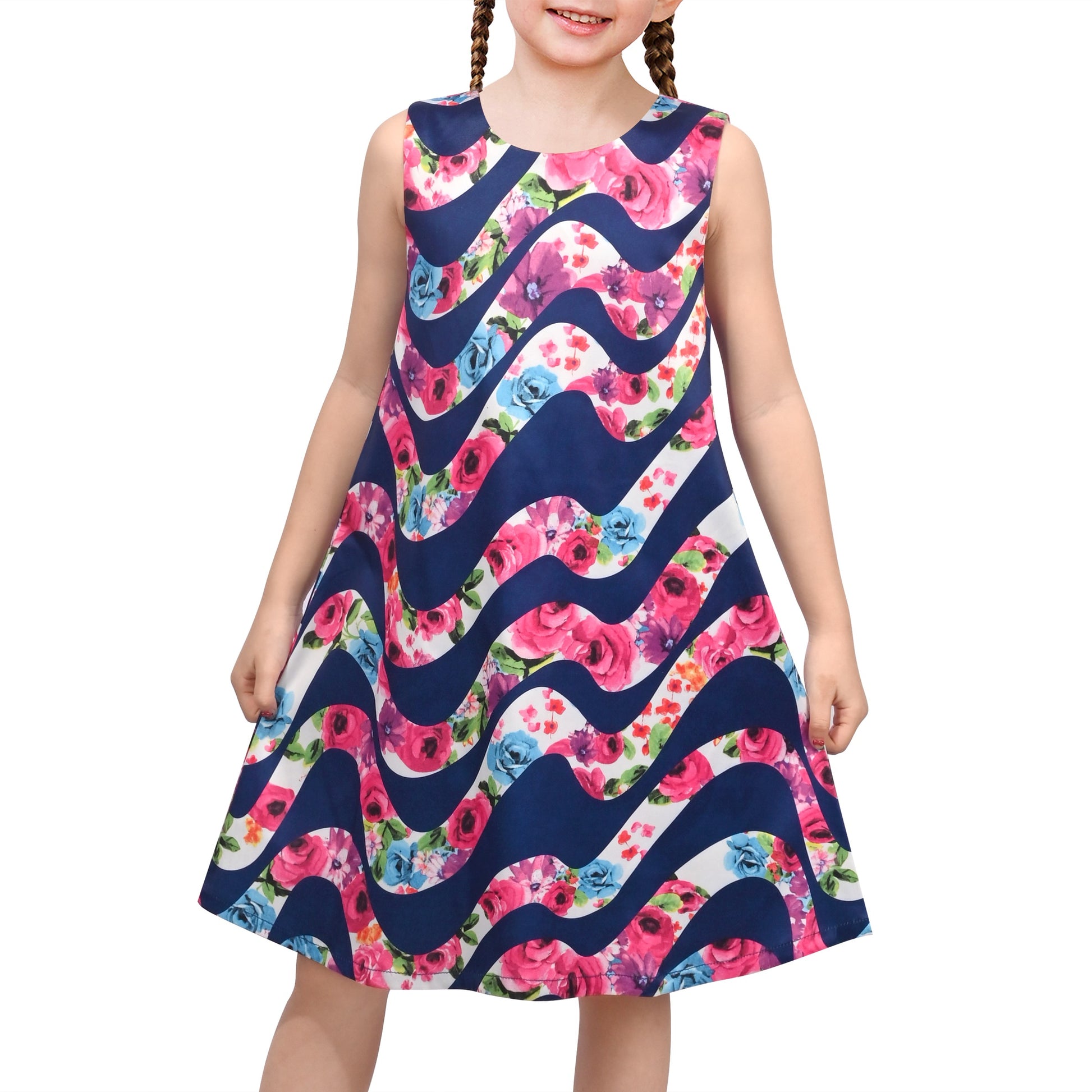 Girls Sleeveless A-Line Dress Satin Colorful Floral Print Knee Length Casual Beach Party Summer Holiday Blue