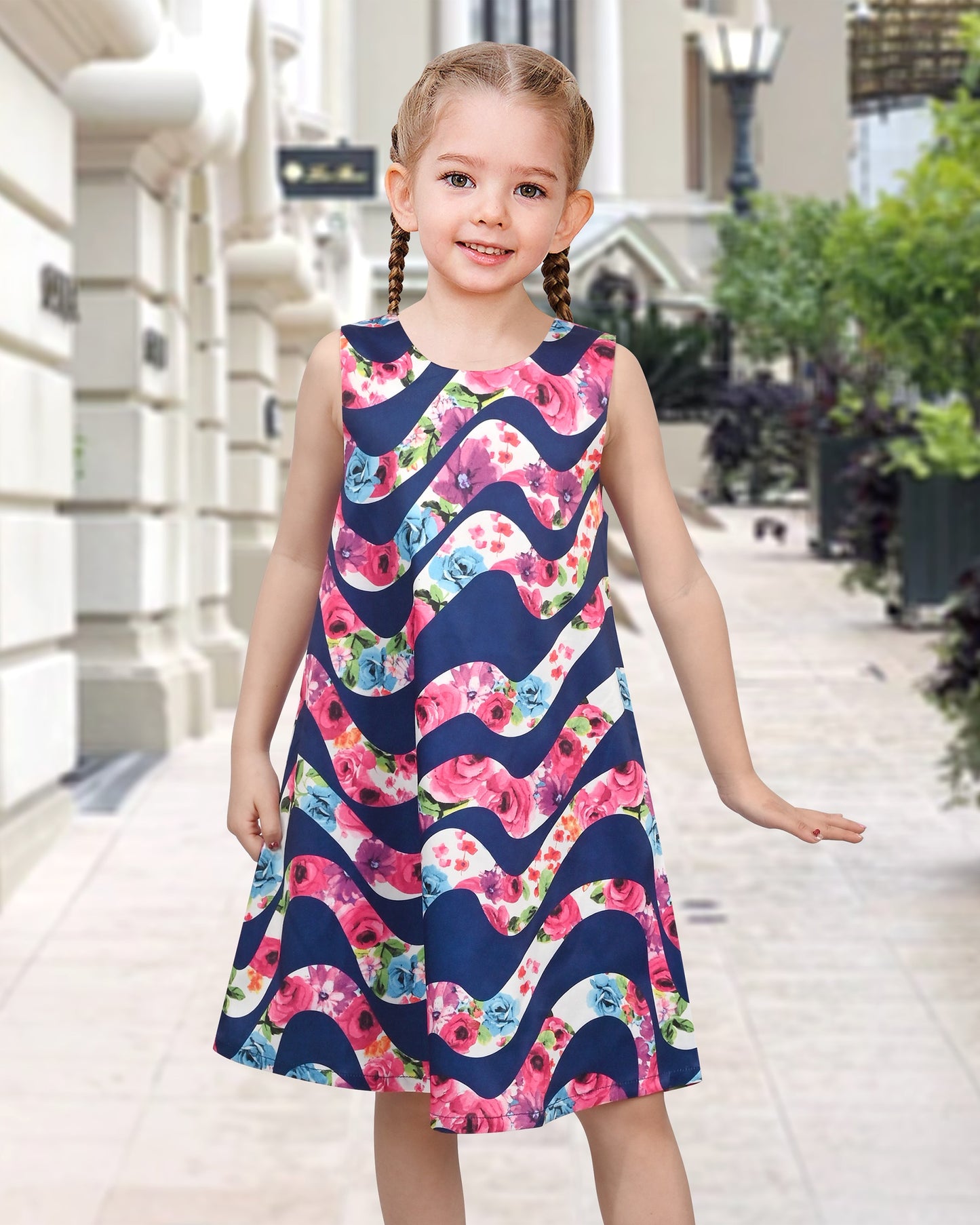 Girls Sleeveless A-Line Dress Satin Colorful Floral Print Knee Length Casual Beach Party Summer Holiday Blue
