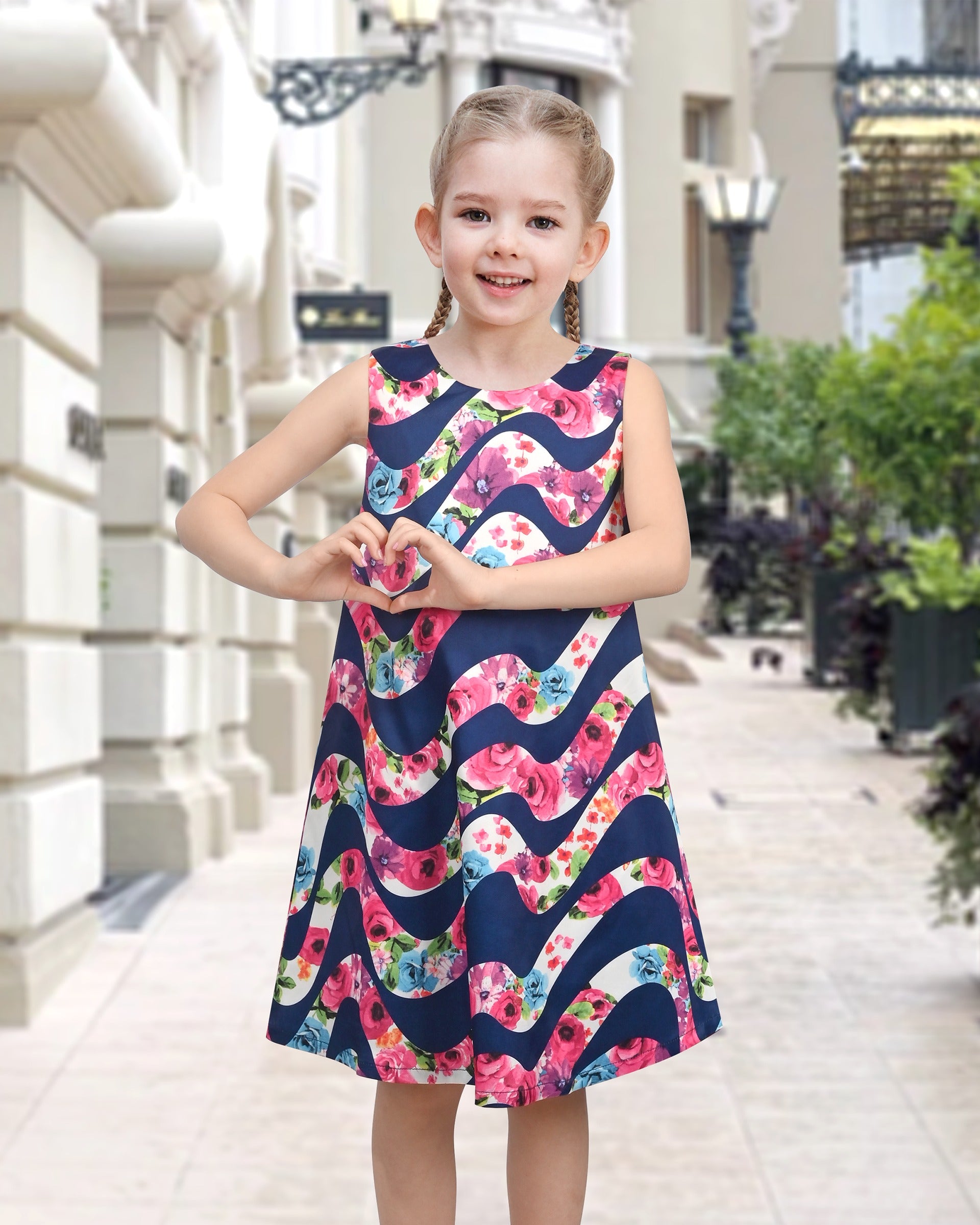 Girls Sleeveless A-Line Dress Satin Colorful Floral Print Knee Length Casual Beach Party Summer Holiday Blue