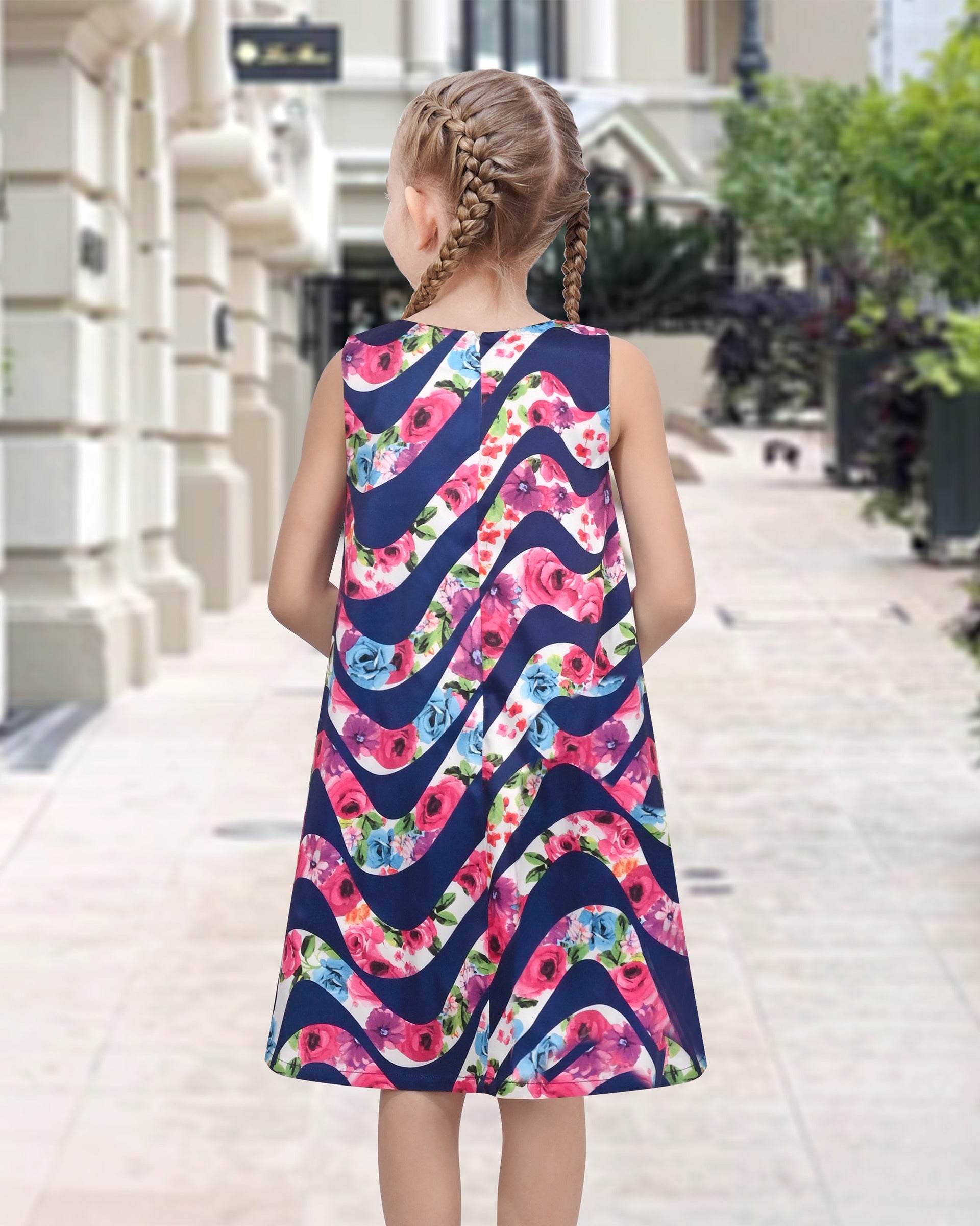 Girls Sleeveless A-Line Dress Satin Colorful Floral Print Knee Length Casual Beach Party Summer Holiday Blue