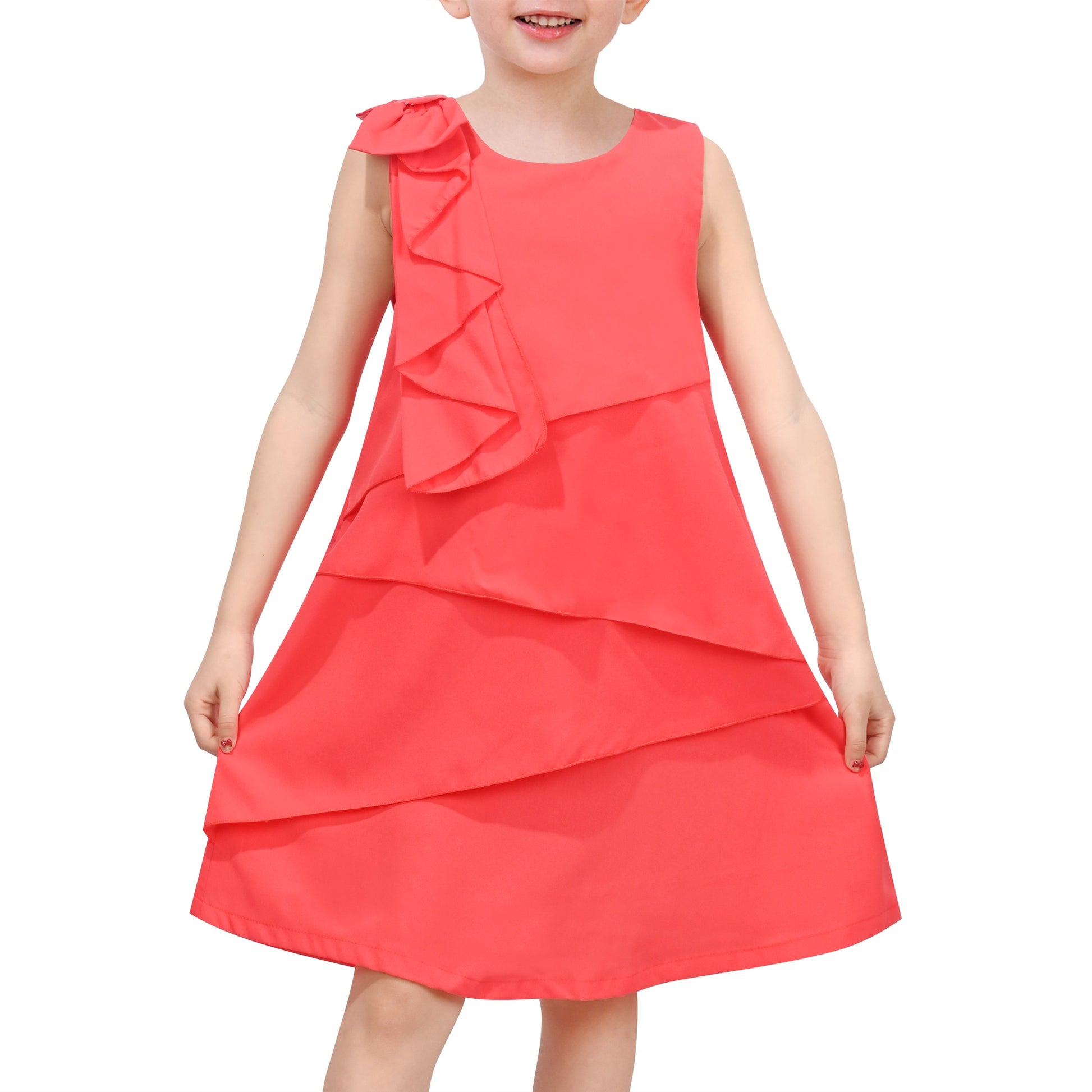Girls Sleeveless A-Line Dress Satin Colorful Floral Print Knee Length Casual Beach Party Summer Holiday Red