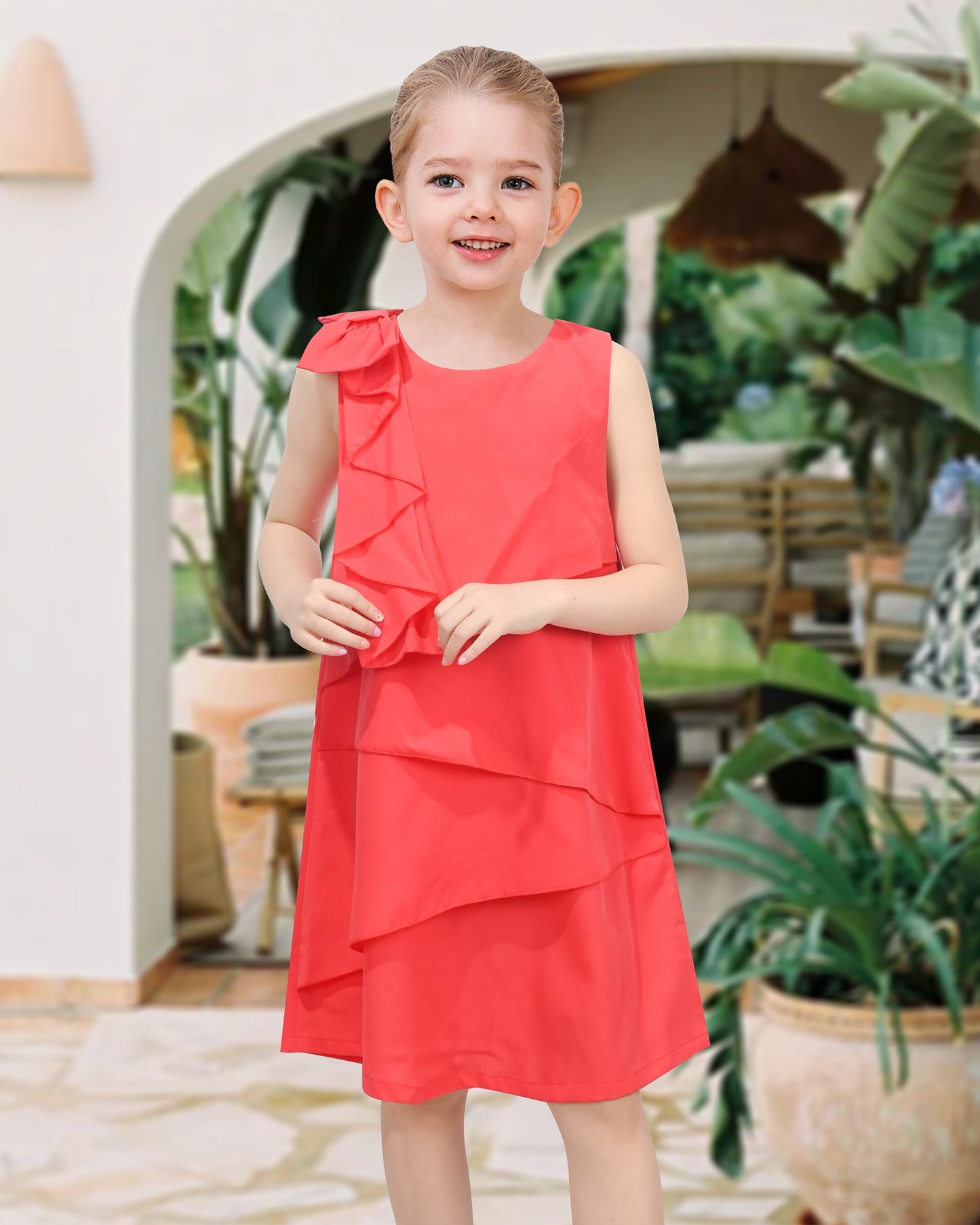 Girls Sleeveless A-Line Dress Satin Colorful Floral Print Knee Length Casual Beach Party Summer Holiday Red