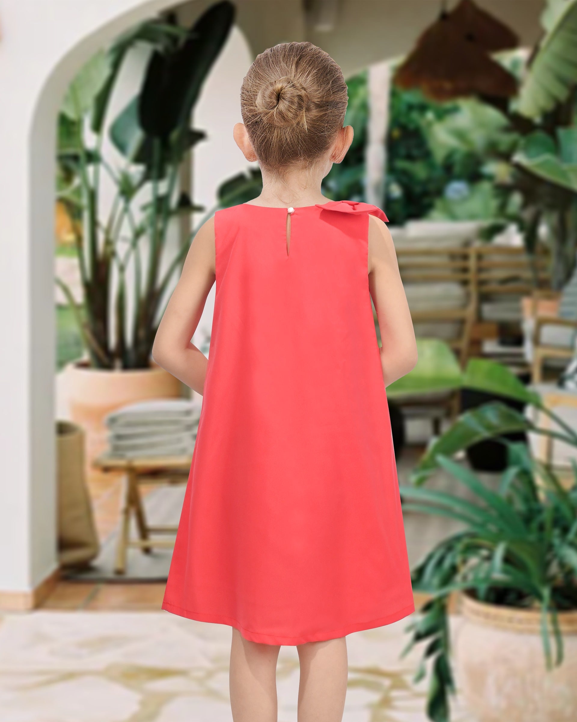 Girls Sleeveless A-Line Dress Satin Colorful Floral Print Knee Length Casual Beach Party Summer Holiday Red