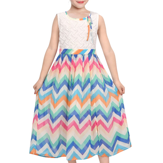Girls Dress Sleeveless Rainbow Wave Print Striped Tea Length Summer Beach Casual Dresses Multi-Color