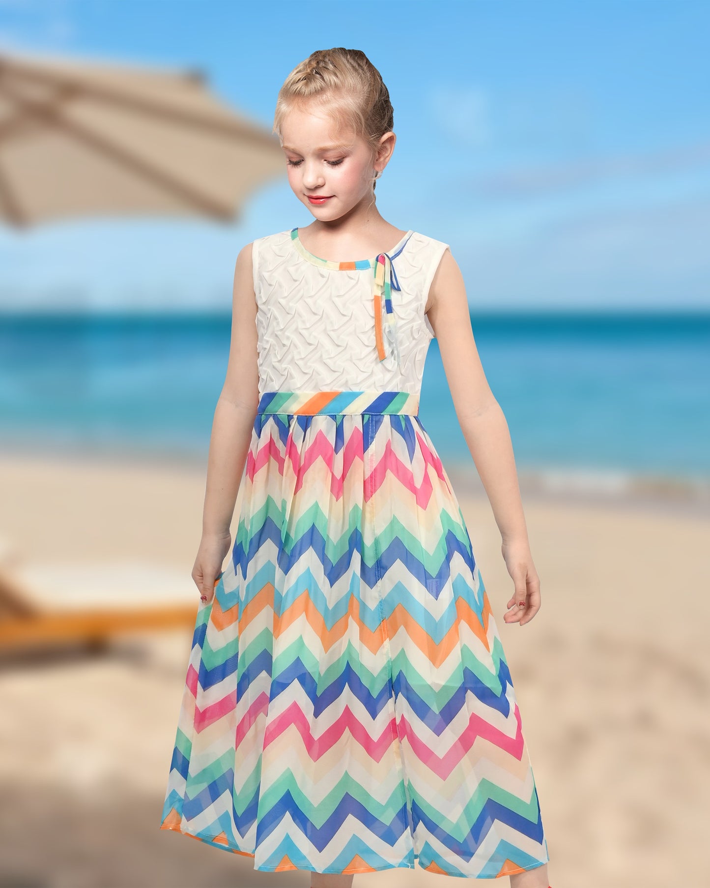 Girls Dress Sleeveless Rainbow Wave Print Striped Tea Length Summer Beach Casual Dresses Multi-Color