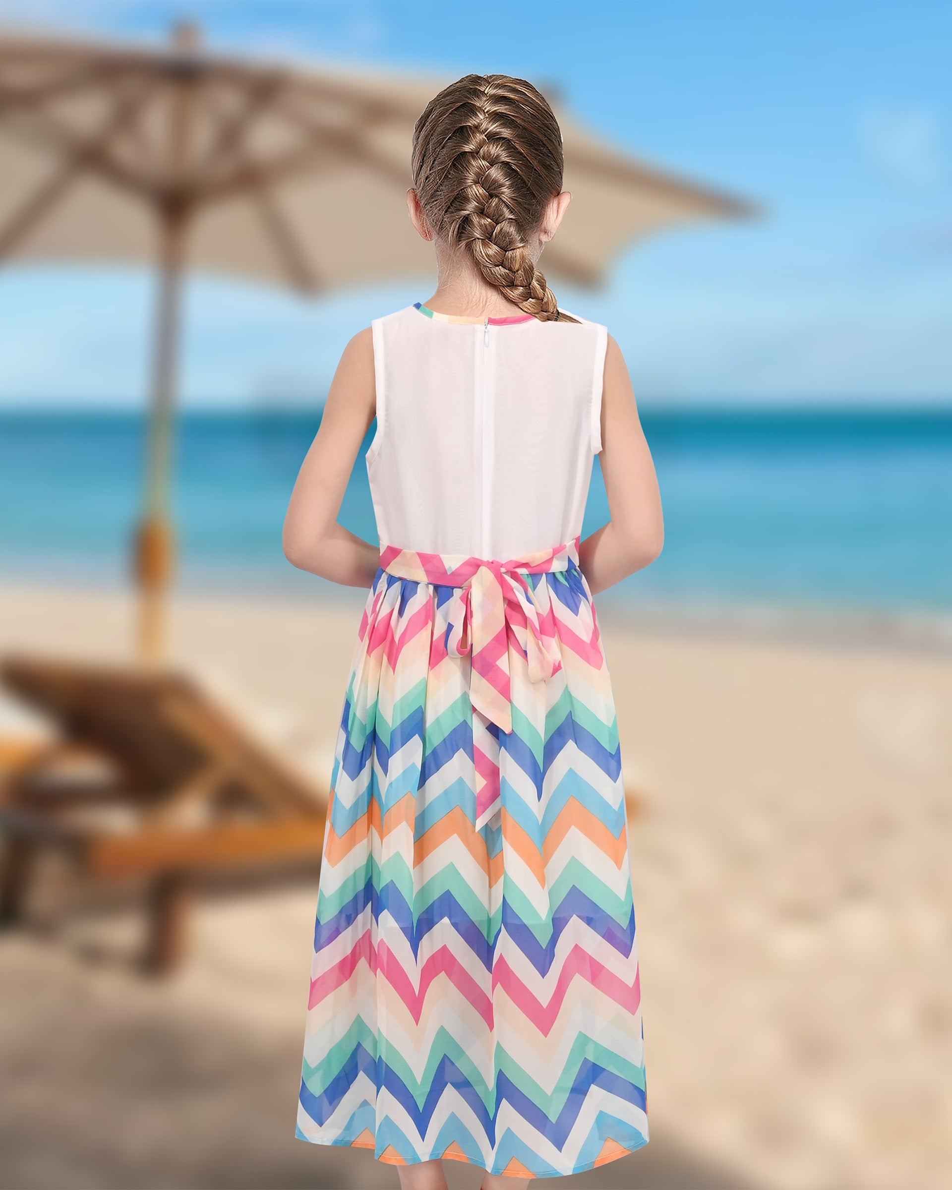 Girls Dress Sleeveless Rainbow Wave Print Striped Tea Length Summer Beach Casual Dresses Multi-Color