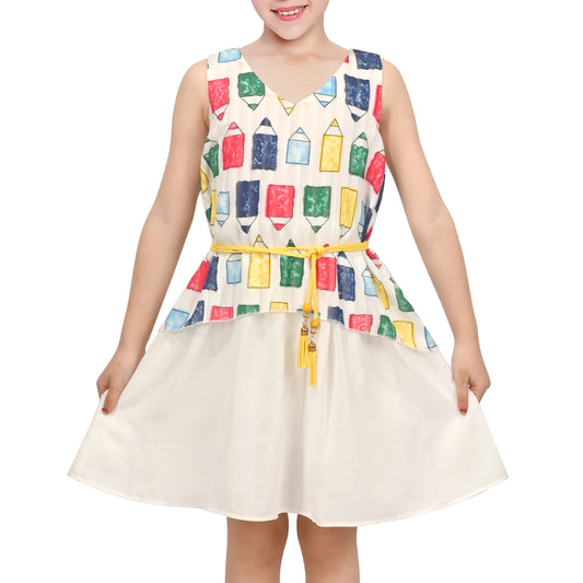 Girls Sleeveless Chiffon Dress Colorful Pencil Print with Yellow Tassel Belt Summer Casual Dresses Multi-Color