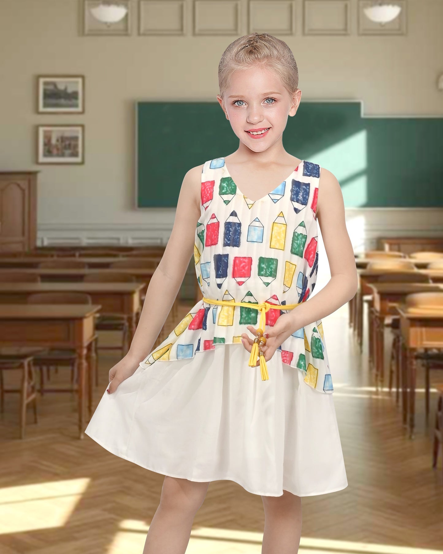 Girls Sleeveless Chiffon Dress Colorful Pencil Print with Yellow Tassel Belt Summer Casual Dresses Multi-Color