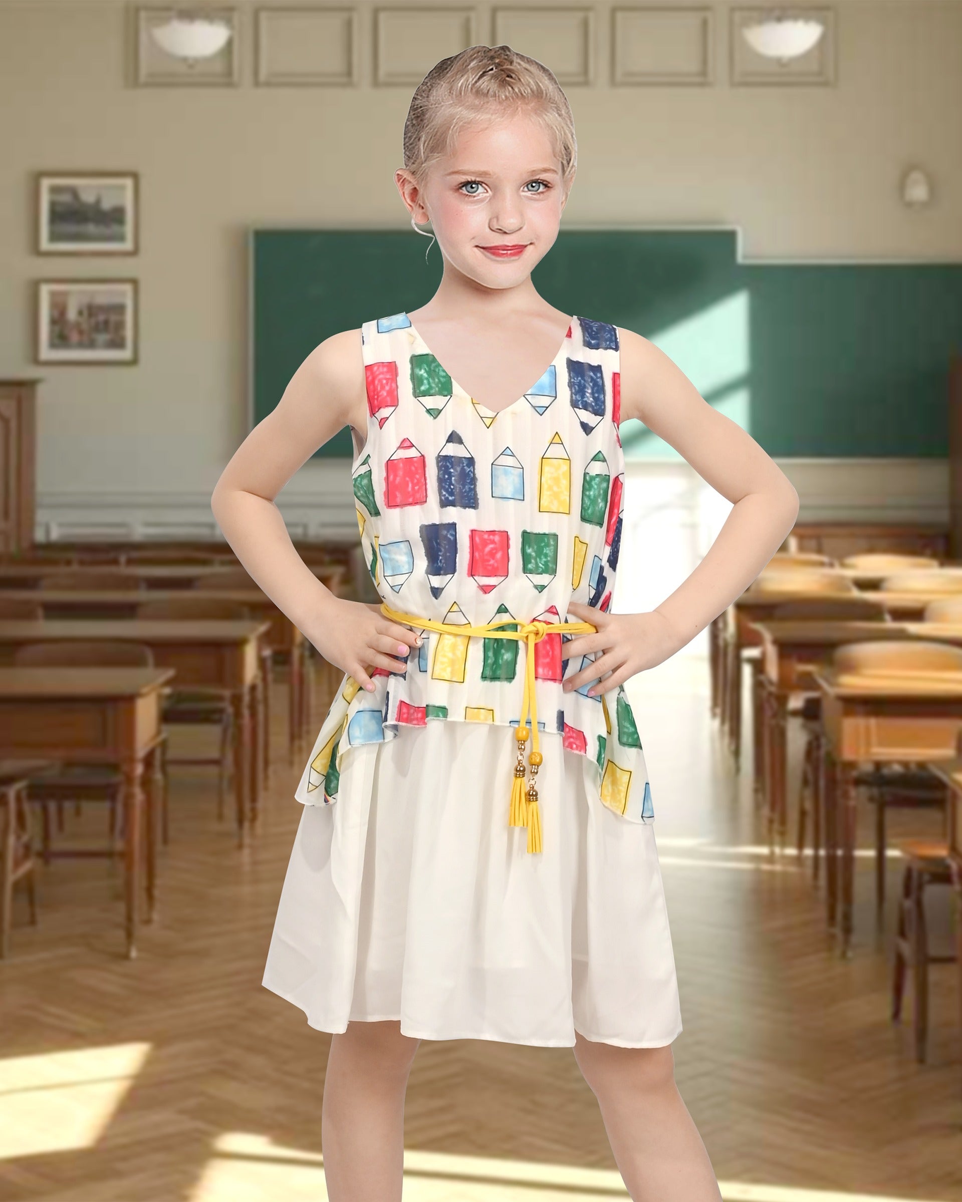 Girls Sleeveless Chiffon Dress Colorful Pencil Print with Yellow Tassel Belt Summer Casual Dresses Multi-Color