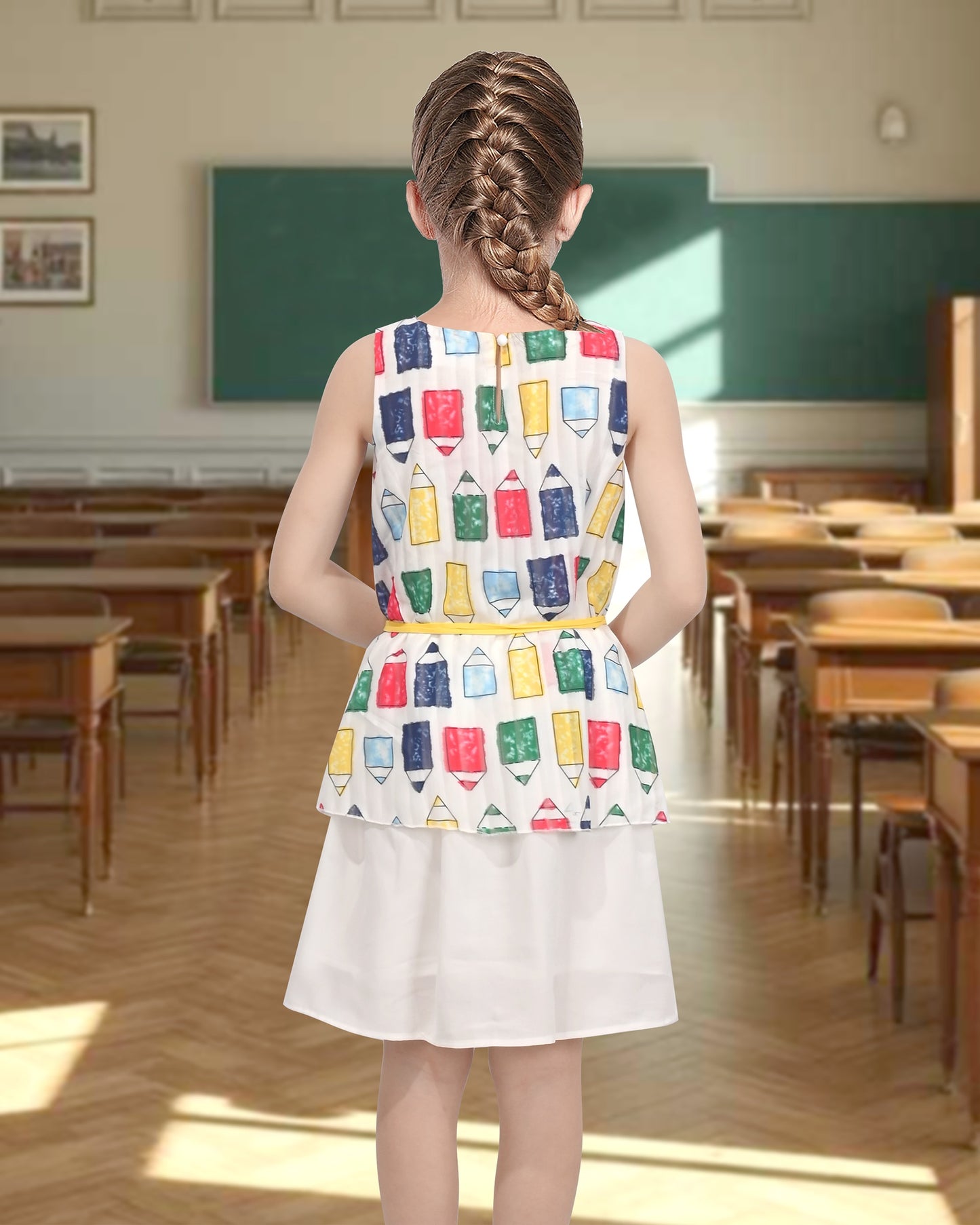 Girls Sleeveless Chiffon Dress Colorful Pencil Print with Yellow Tassel Belt Summer Casual Dresses Multi-Color